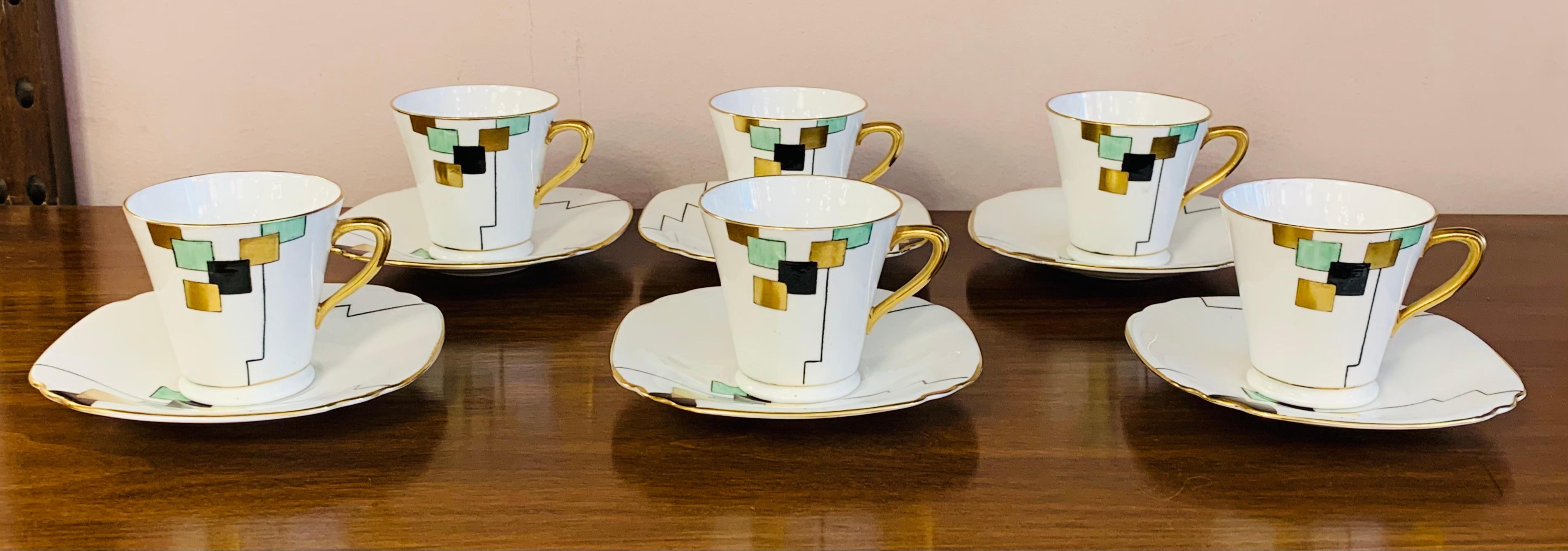 1930s Art Deco Cubist Pattern Sadler Stoke on Trent England Coffee Set 9 Pieces 1