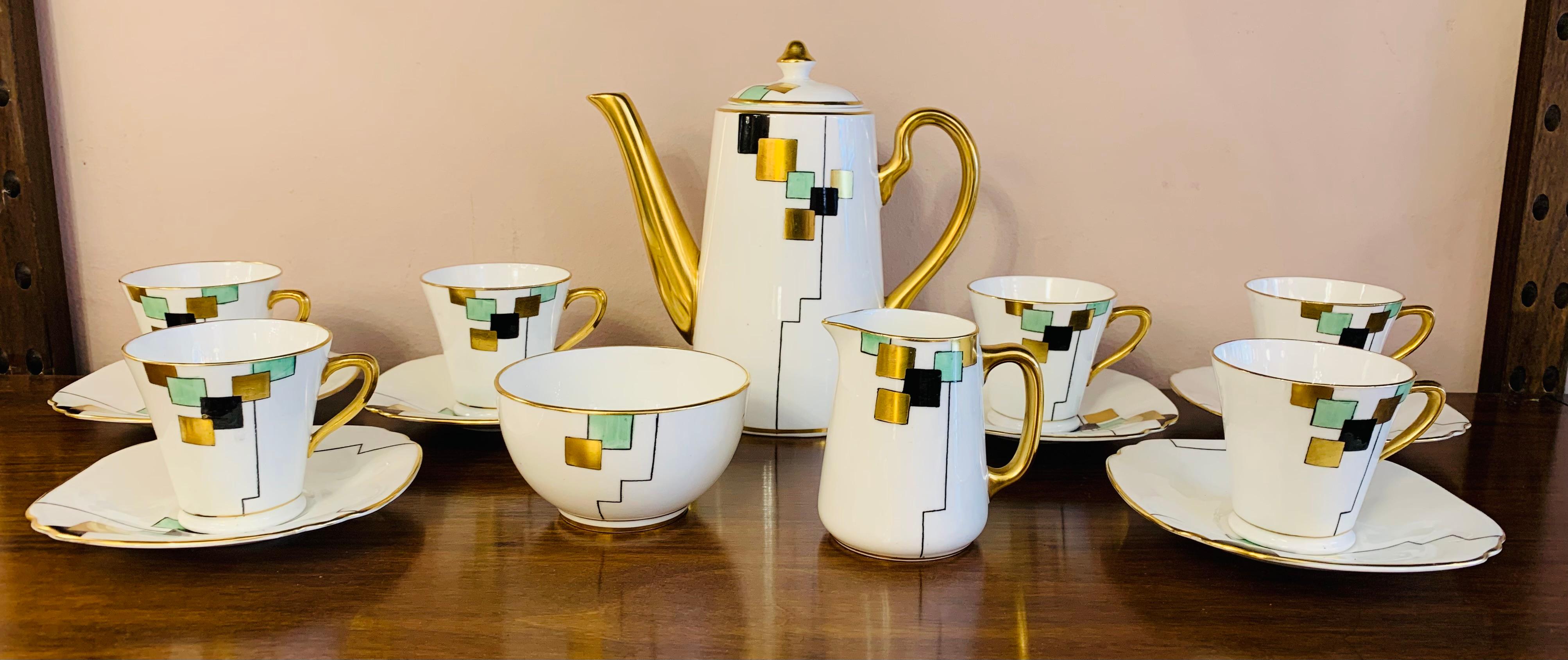 British 1930s Art Deco Cubist Pattern Sadler Stoke on Trent England Coffee Set 9 Pieces