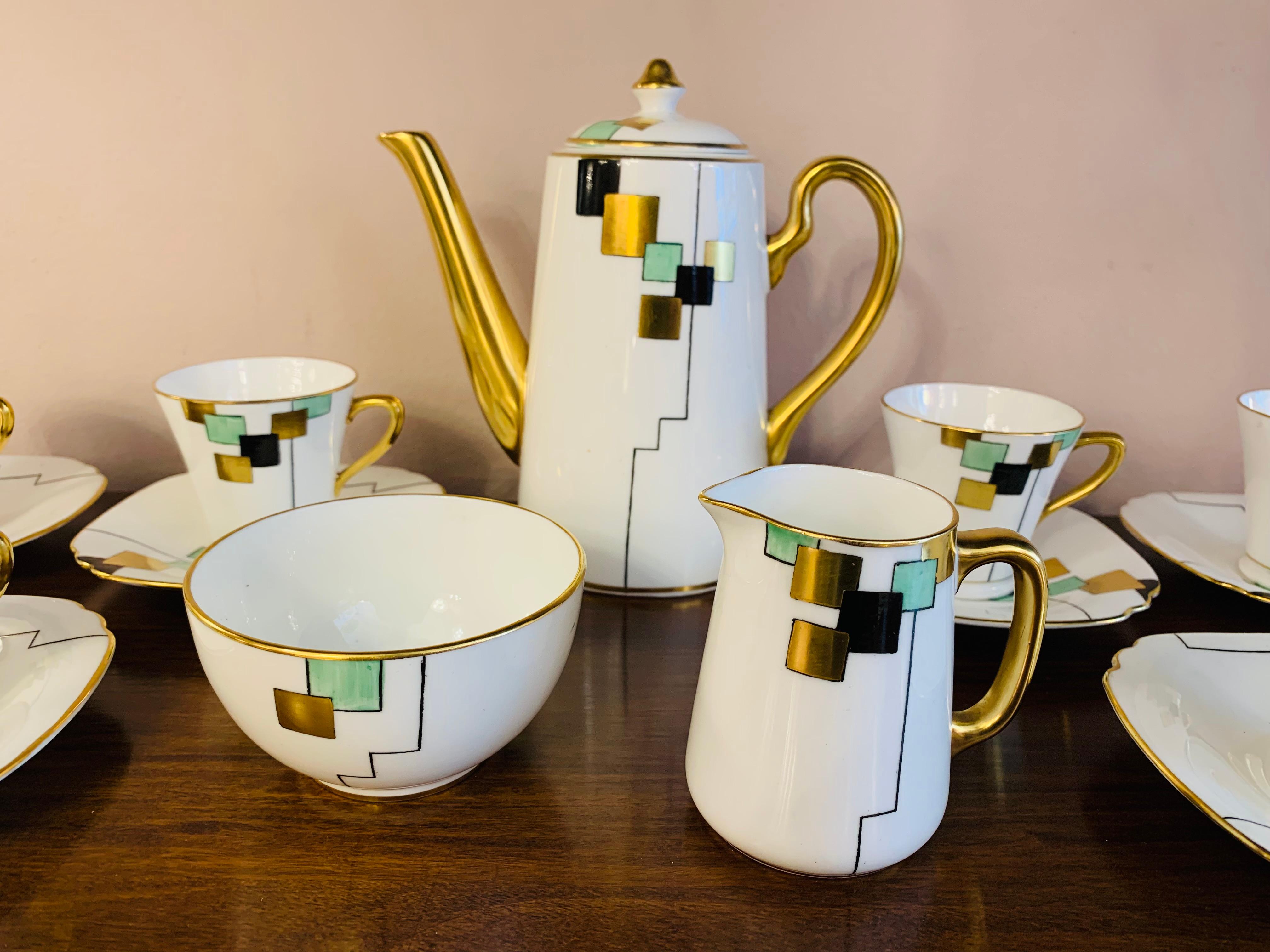 Hand-Painted 1930s Art Deco Cubist Pattern Sadler Stoke on Trent England Coffee Set 9 Pieces