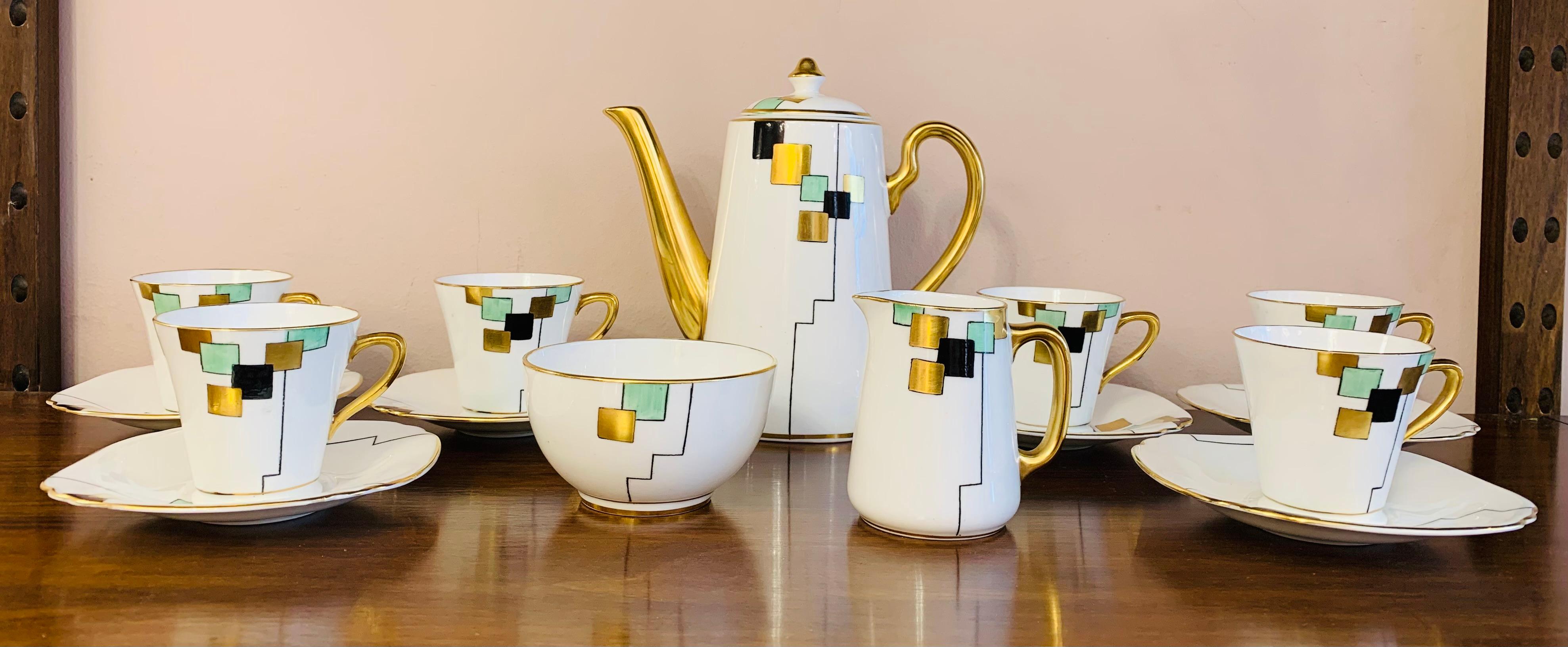 1930s Art Deco Cubist Pattern Sadler Stoke on Trent England Coffee Set 9 Pieces In Good Condition In London, GB