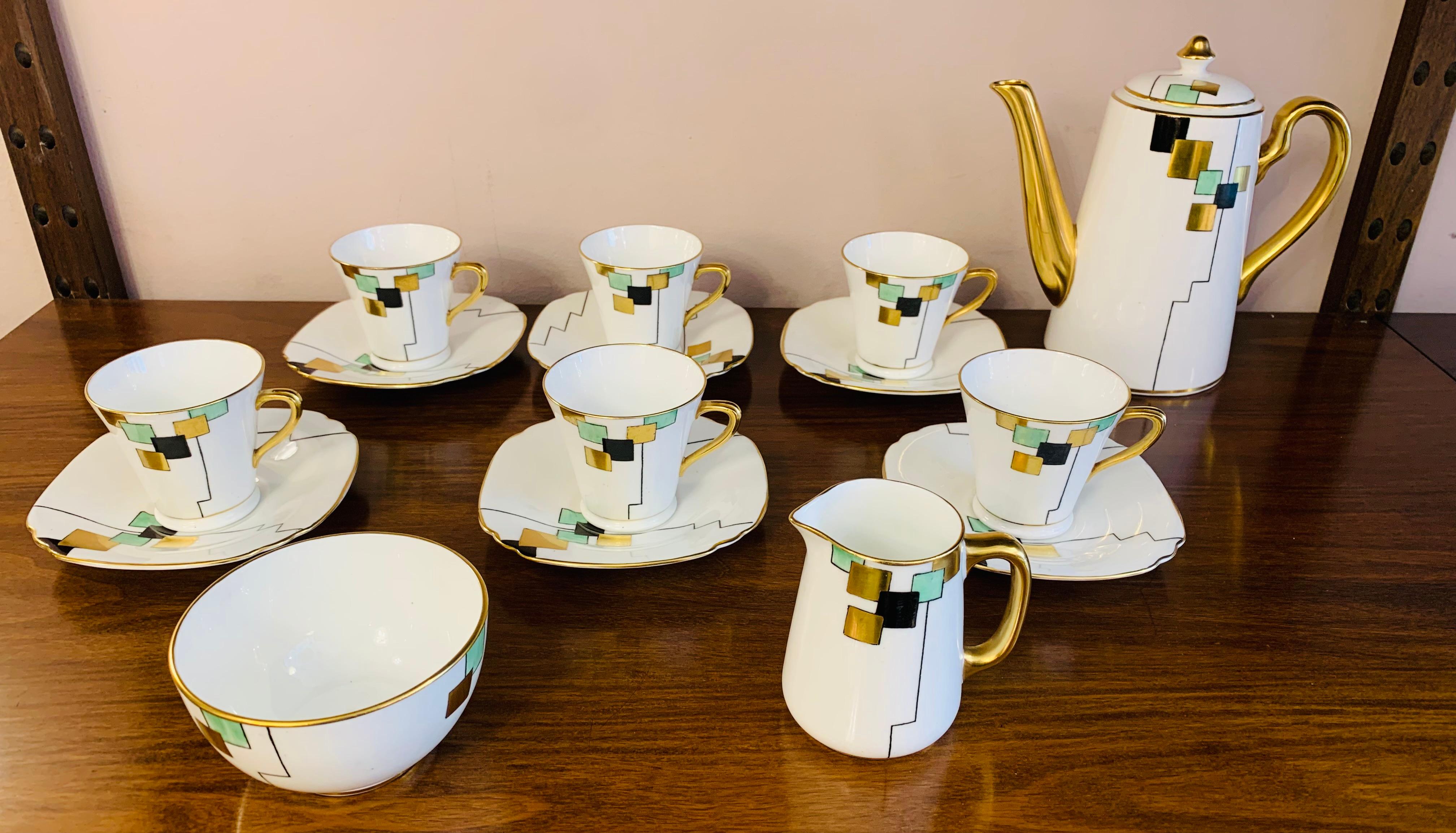 20th Century 1930s Art Deco Cubist Pattern Sadler Stoke on Trent England Coffee Set 9 Pieces
