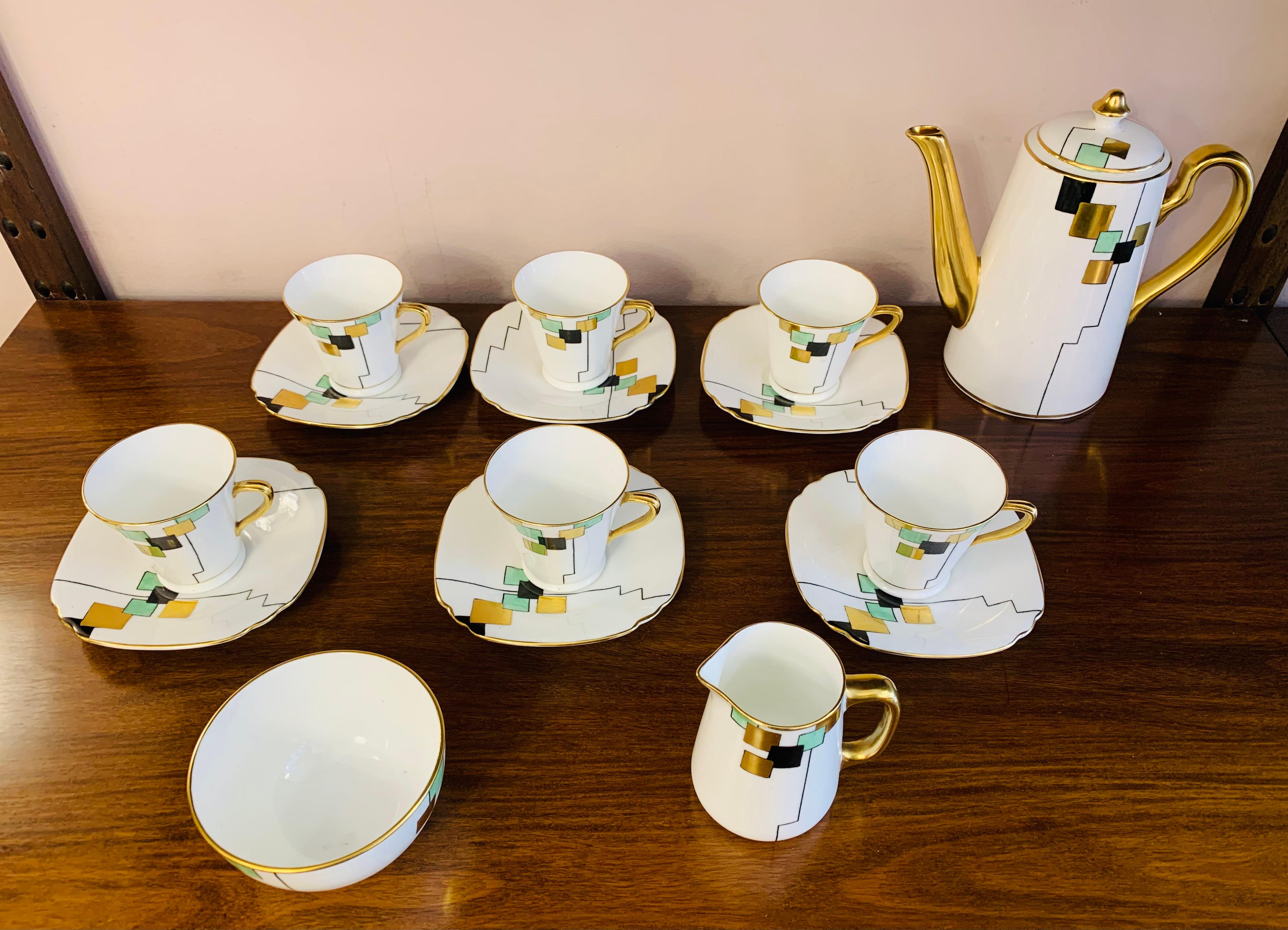 Porcelain 1930s Art Deco Cubist Pattern Sadler Stoke on Trent England Coffee Set 9 Pieces