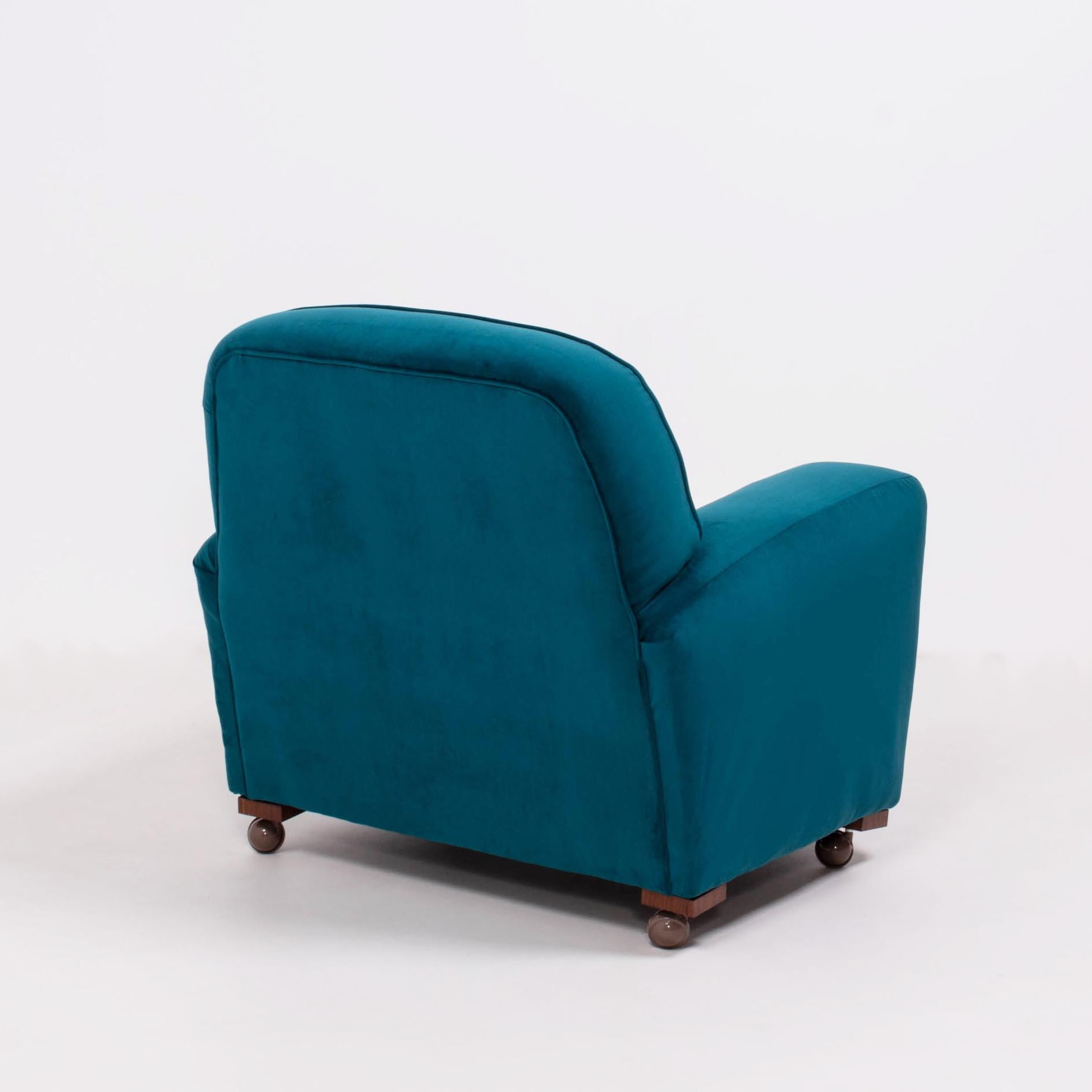 Mid-20th Century 1930s Art Deco Curved Blue Teal Velvet Armchair