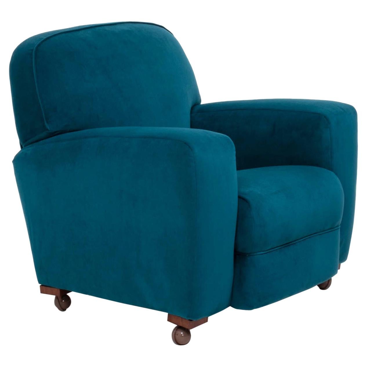 1930s Art Deco Curved Blue Teal Velvet Armchair