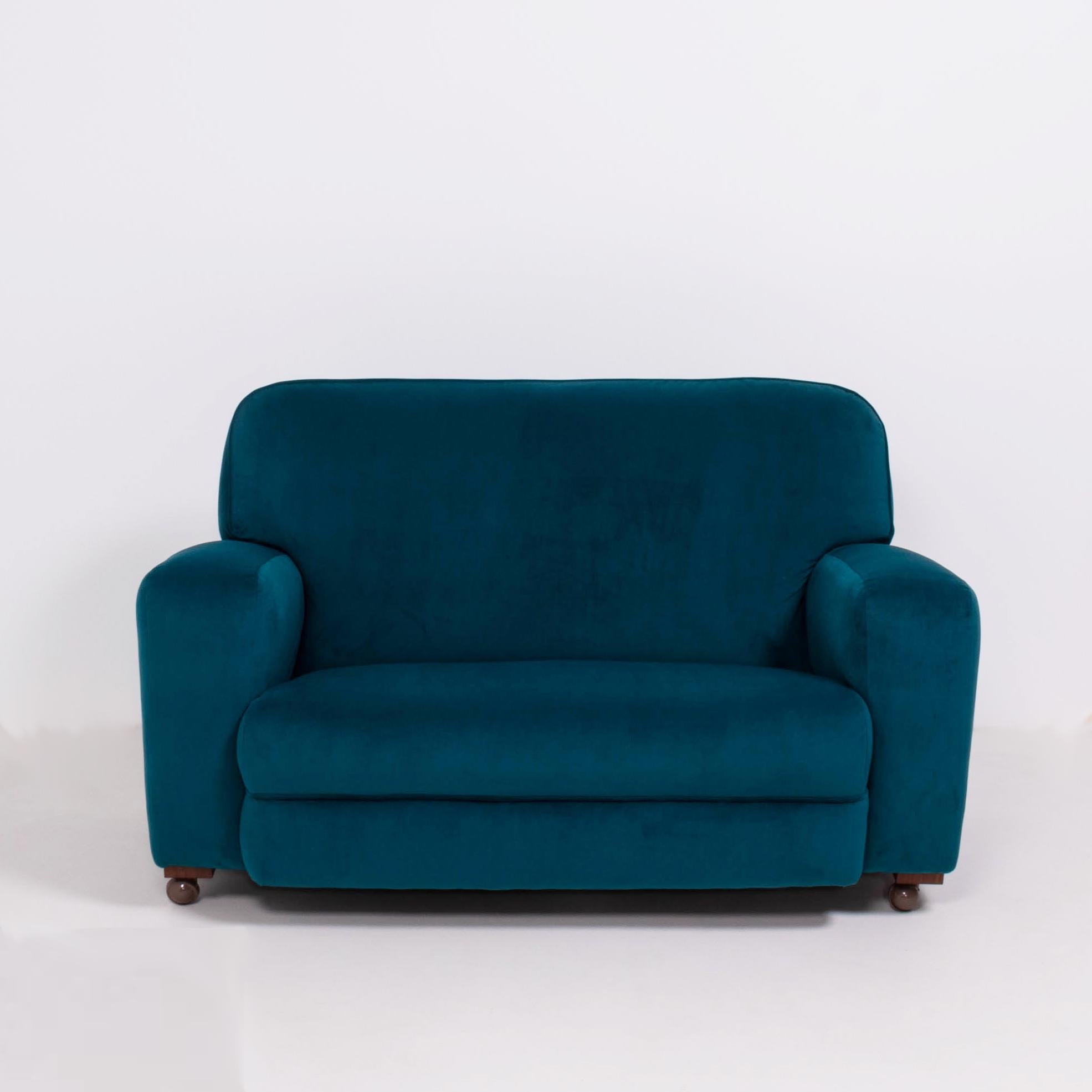 Original 1930s Art Deco Curved Blue Teal Velvet Sofa and Armchairs, Set of 3 In Excellent Condition In London, GB