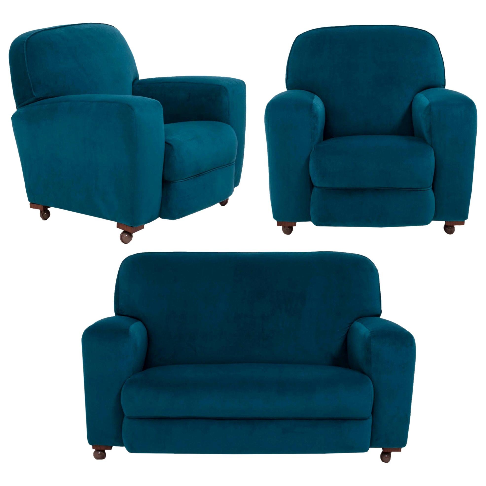 Original 1930s Art Deco Curved Blue Teal Velvet Sofa and Armchairs, Set of 3
