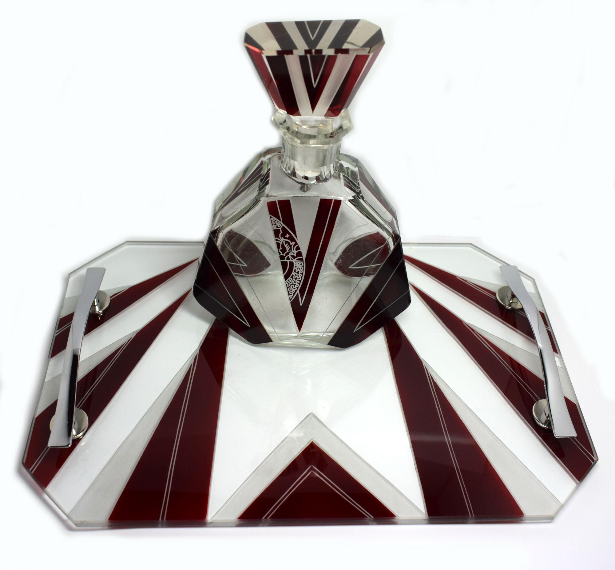 20th Century 1930s Art Deco Czech Glass Decanter Set on Matching Tray
