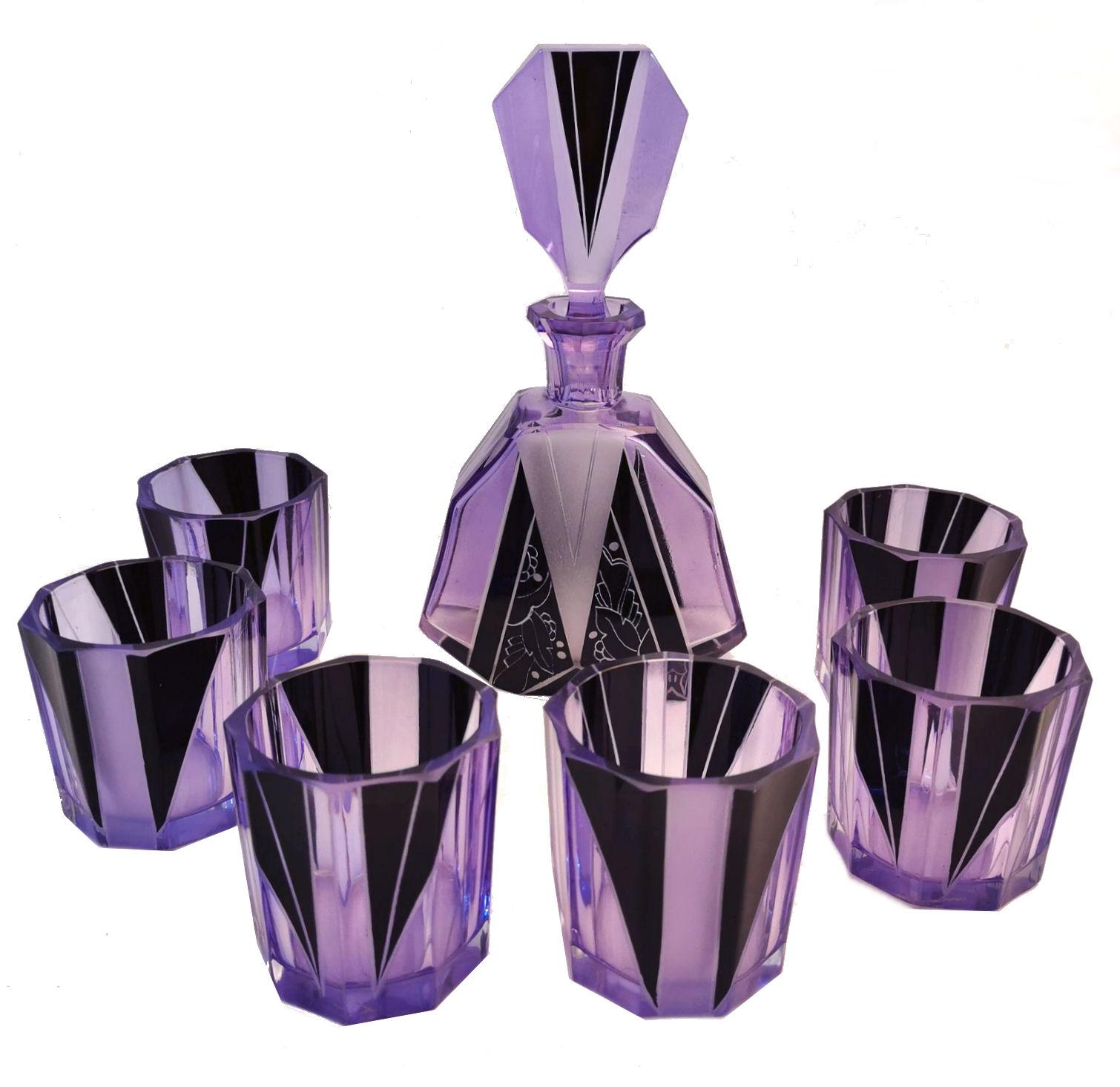 1930s Art Deco Czech Glass Enamel Whisky Decanter Set 2