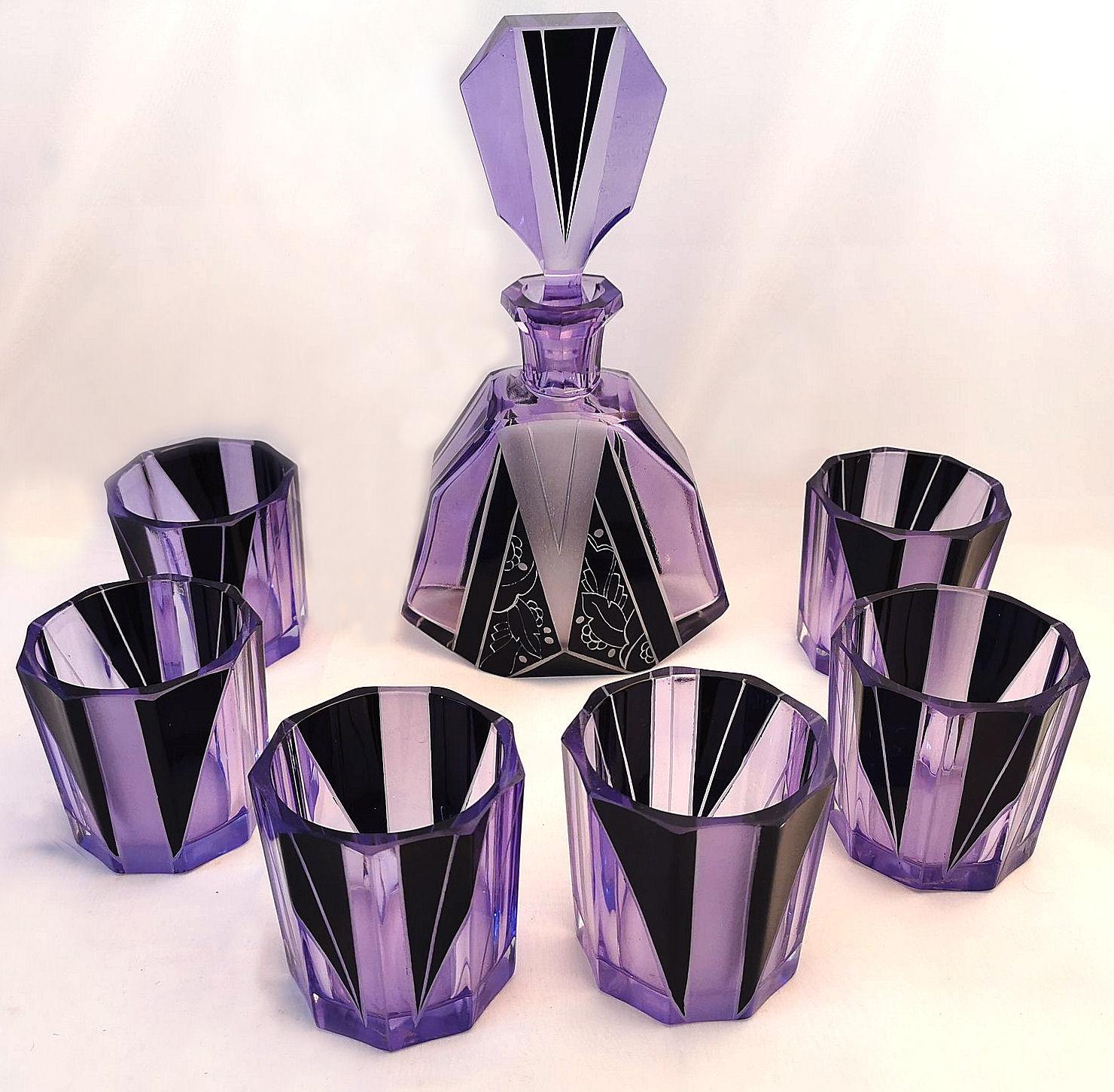 1930s Art Deco Czech Glass Enamel Whisky Decanter Set 3