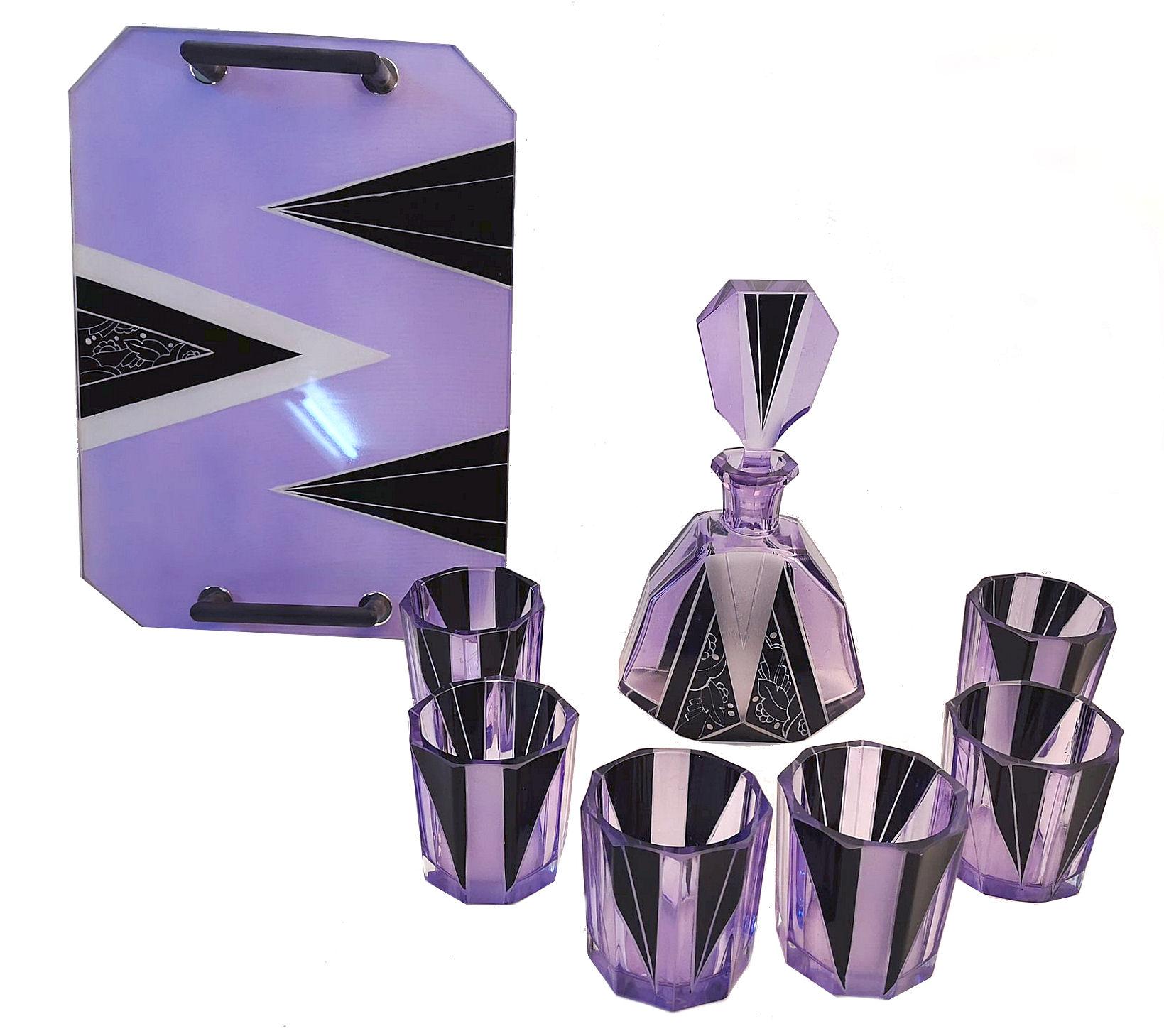 1930s Art Deco Czech Glass Enamel Whisky Decanter Set 4