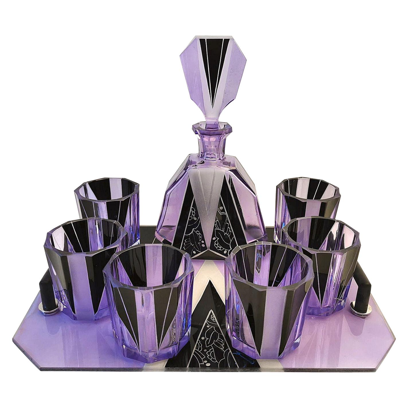 1930s Art Deco Czech Glass Enamel Whisky Decanter Set