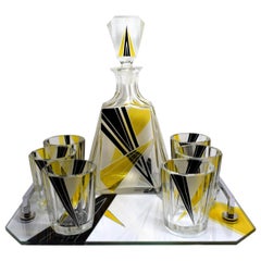 Vintage 1930s Art Deco Czech Whisky Decanter Set on Matching Tray