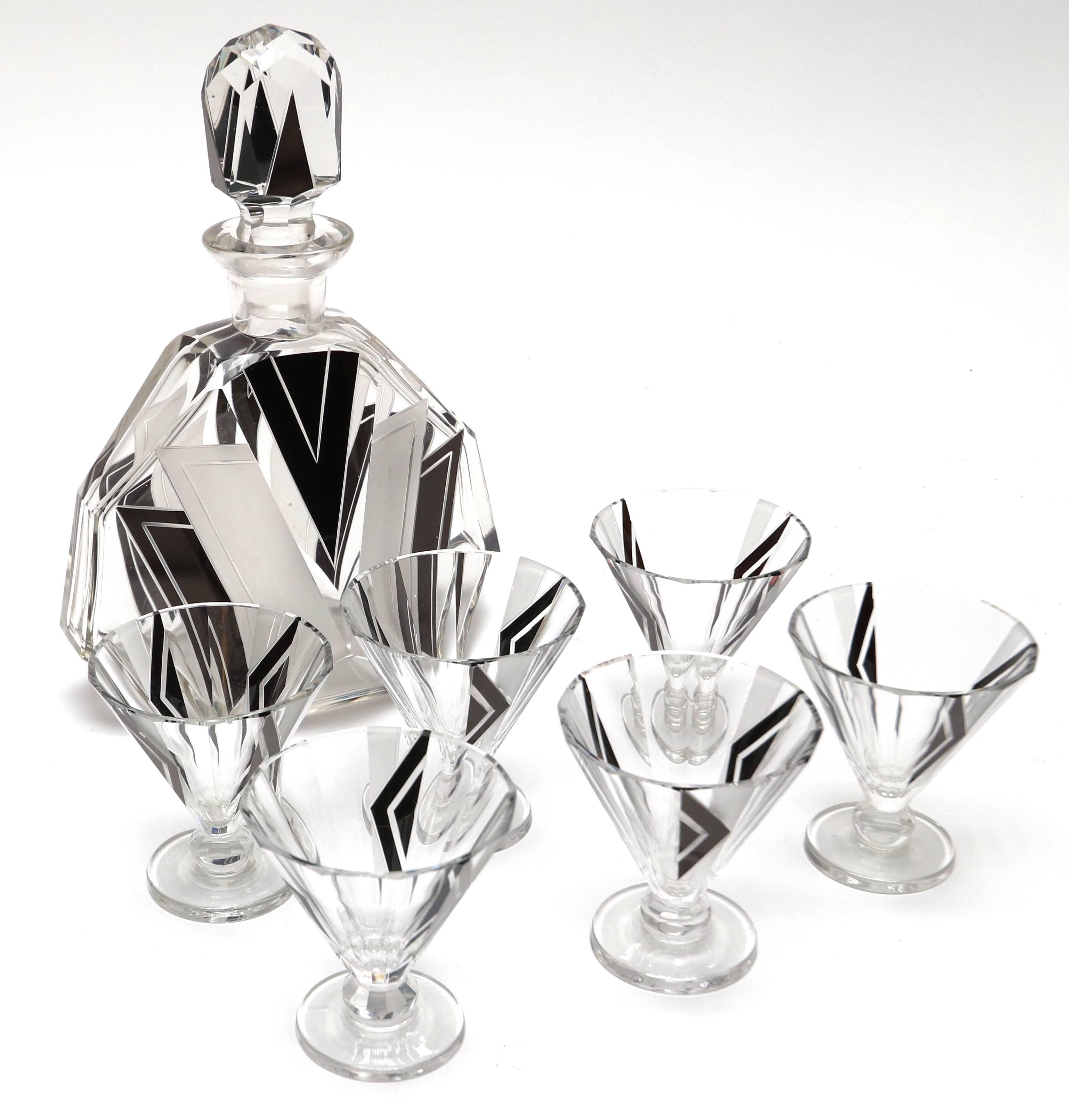 Italian Black and Silver Art Deco Decanter Set with Six Glasses, 1930s