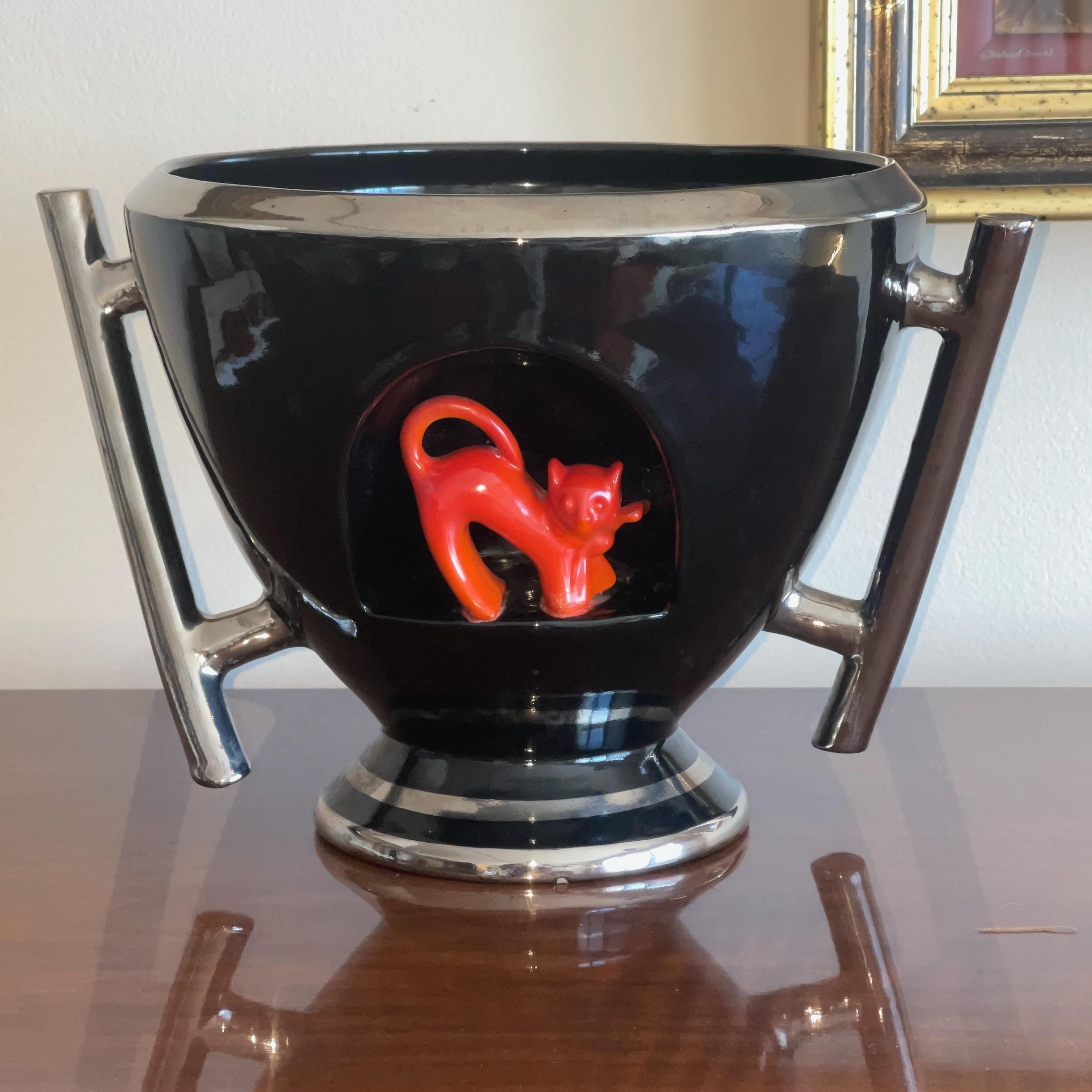 Italian 1930's Art Deco CIMA Deruta Urn with Fox by Ezio Cocchioni, documented For Sale
