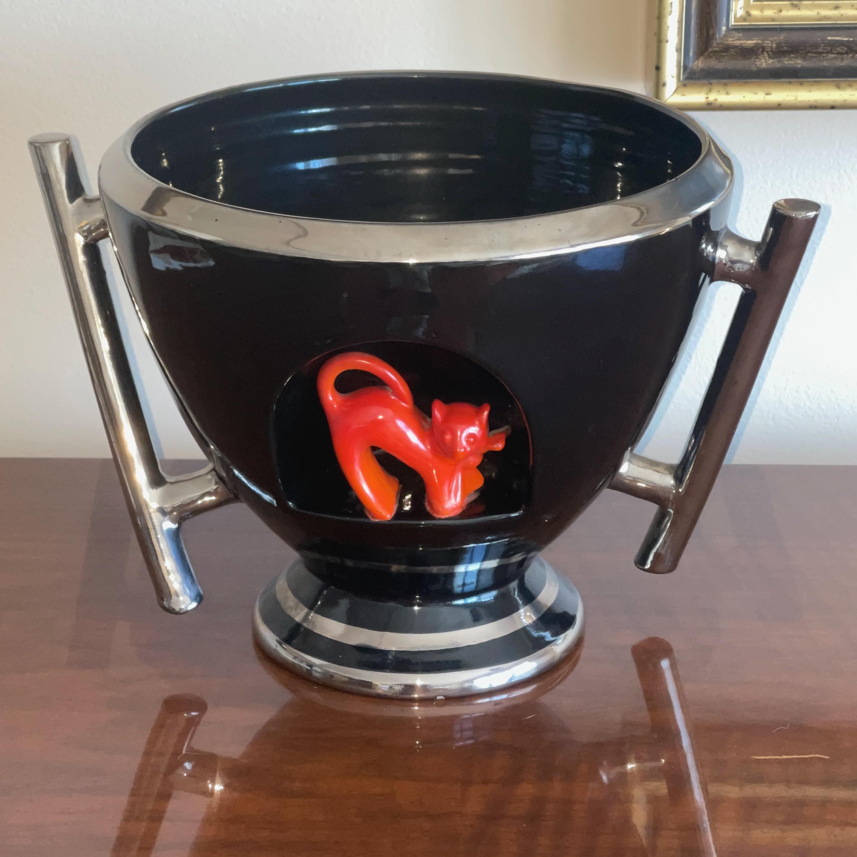 Glazed 1930's Art Deco CIMA Deruta Urn with Fox by Ezio Cocchioni, documented For Sale