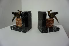 1930s Art Deco Design Marble And Brass Woodcock Bookends