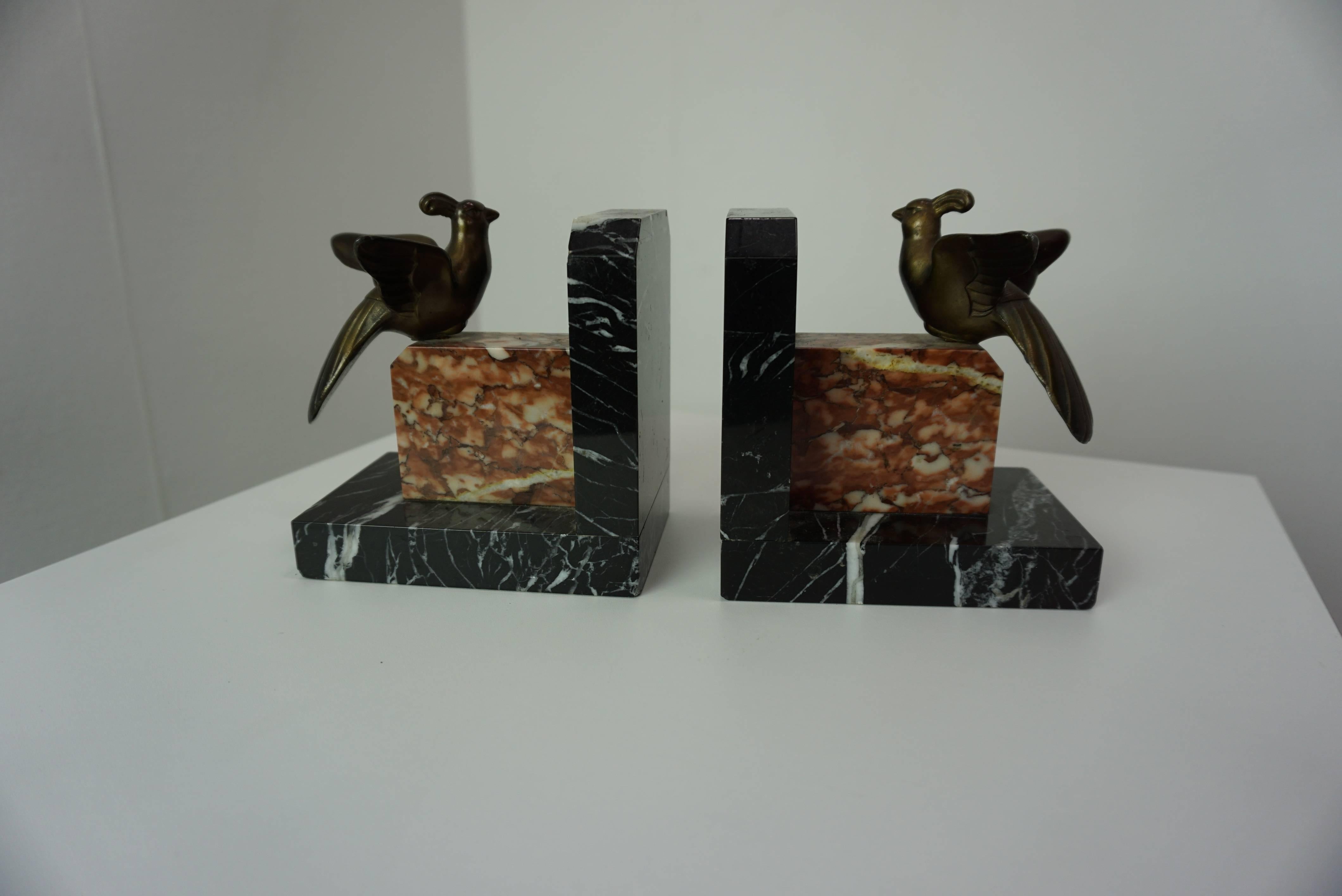 French 1930s Art Deco Design Marble And Brass Woodcock Bookends For Sale