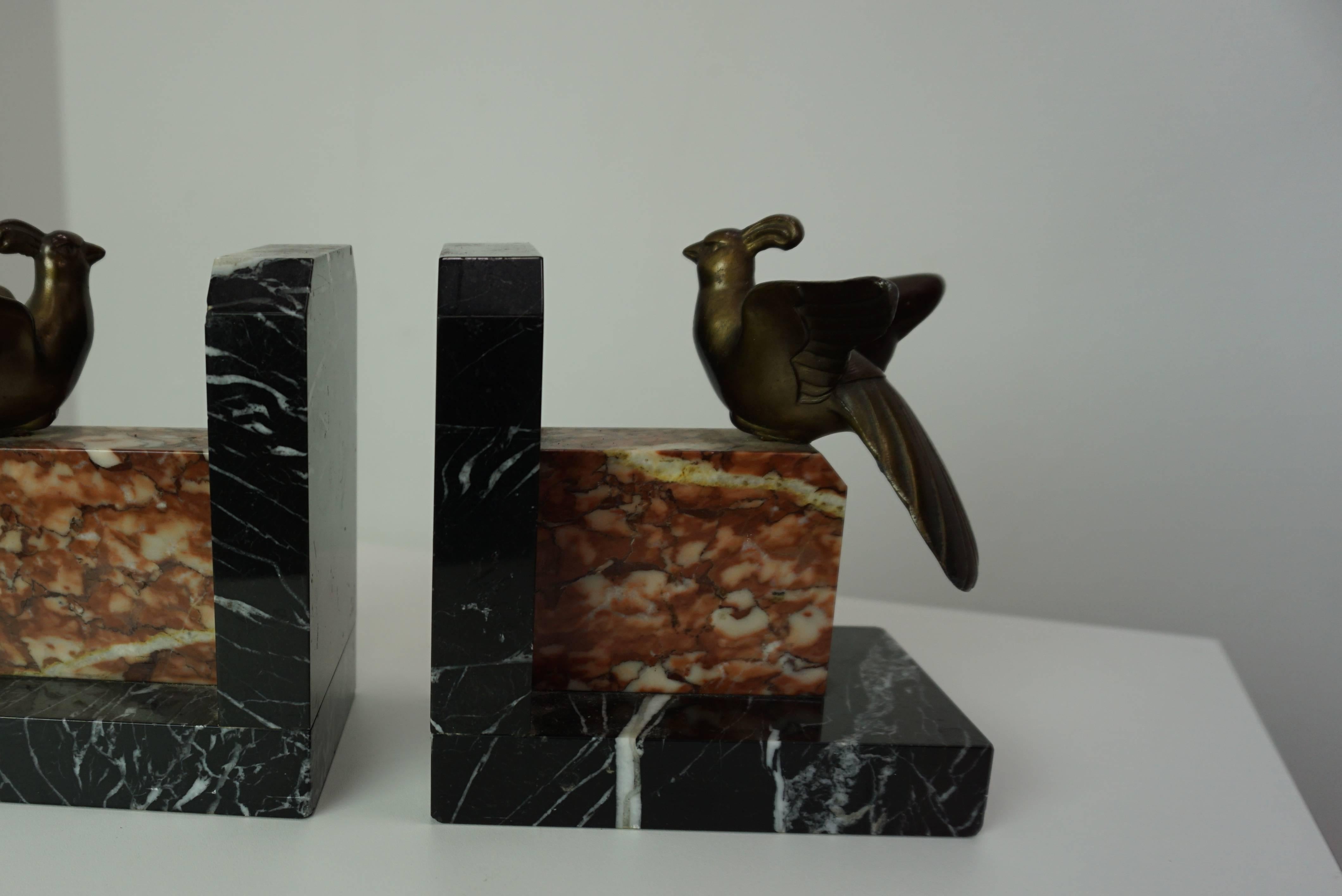 1930s Art Deco Design Marble And Brass Woodcock Bookends For Sale 1