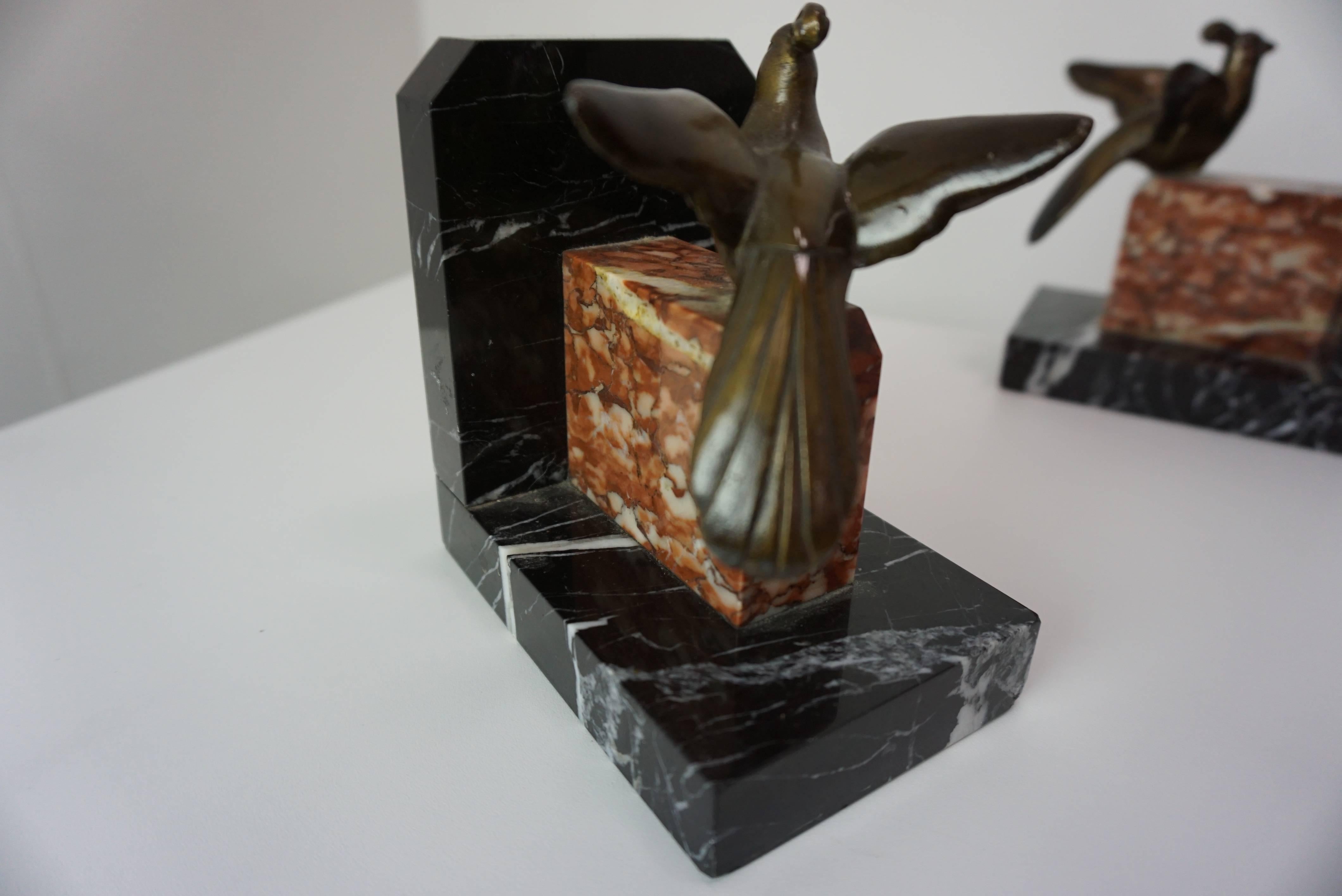 1930s Art Deco Design Marble And Brass Woodcock Bookends For Sale 3