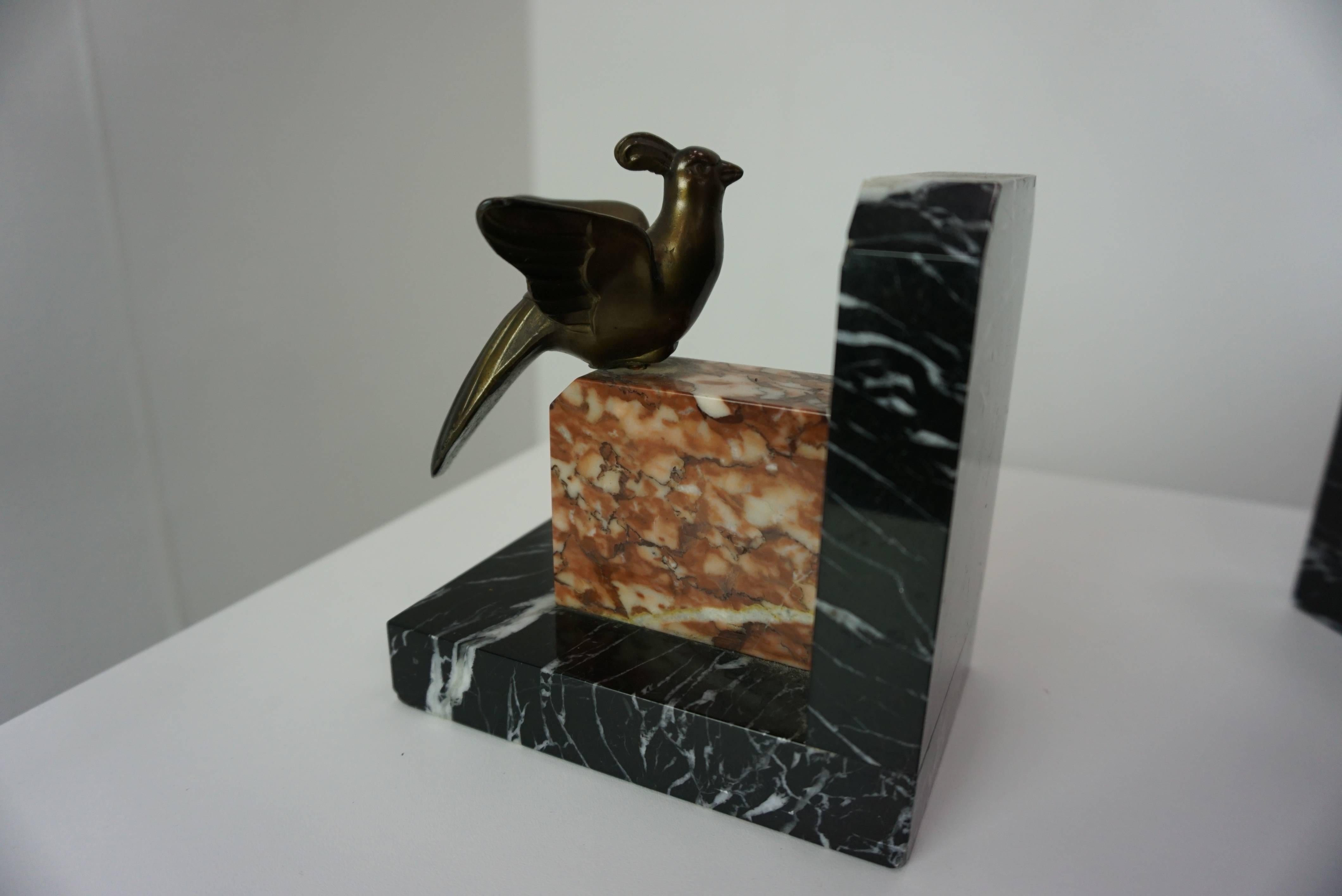 1930s Art Deco Design Marble And Brass Woodcock Bookends For Sale 4