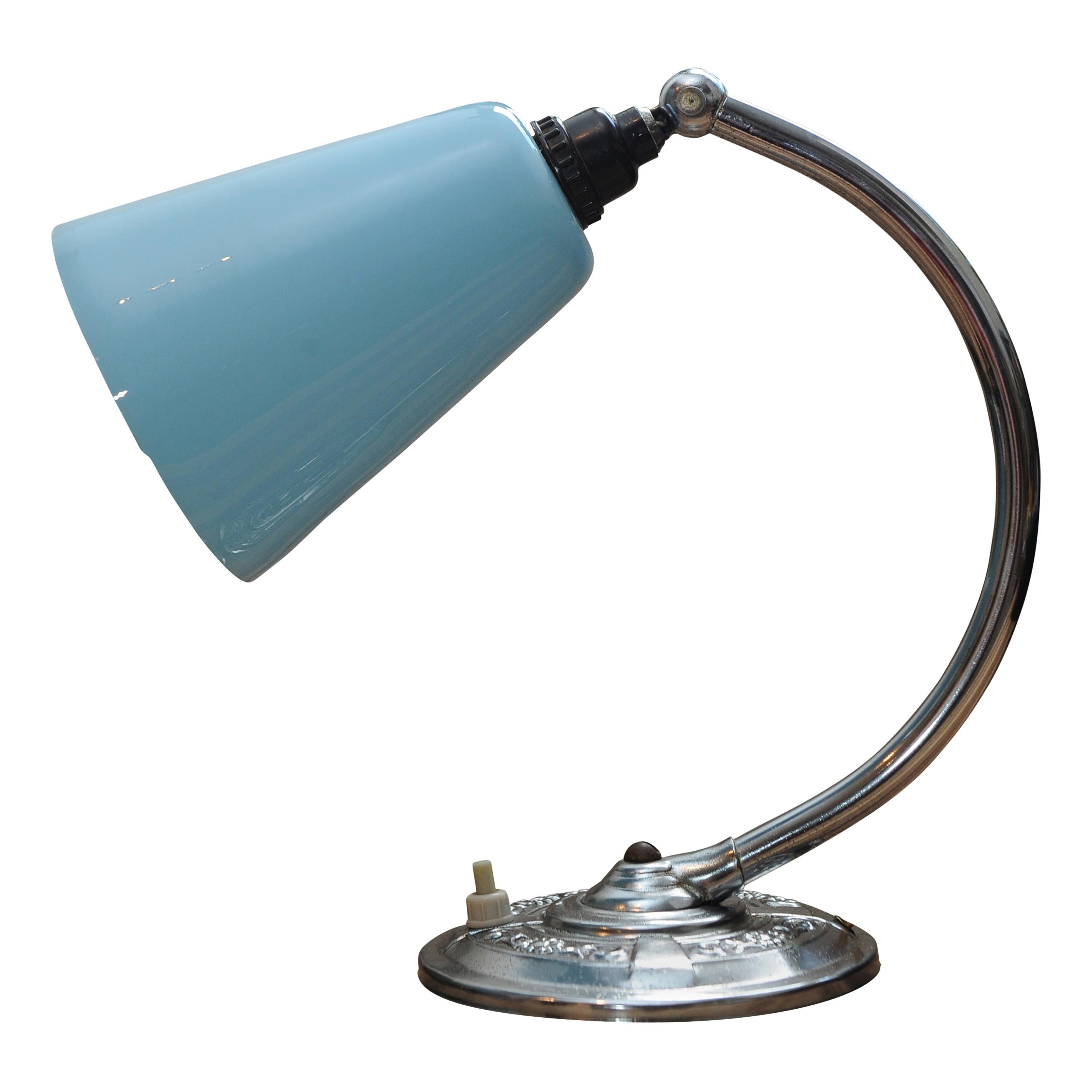 1930s Art Deco Desk / Table Lamp, Chrome Base, Chrome Bend Support & Blue Shade For Sale