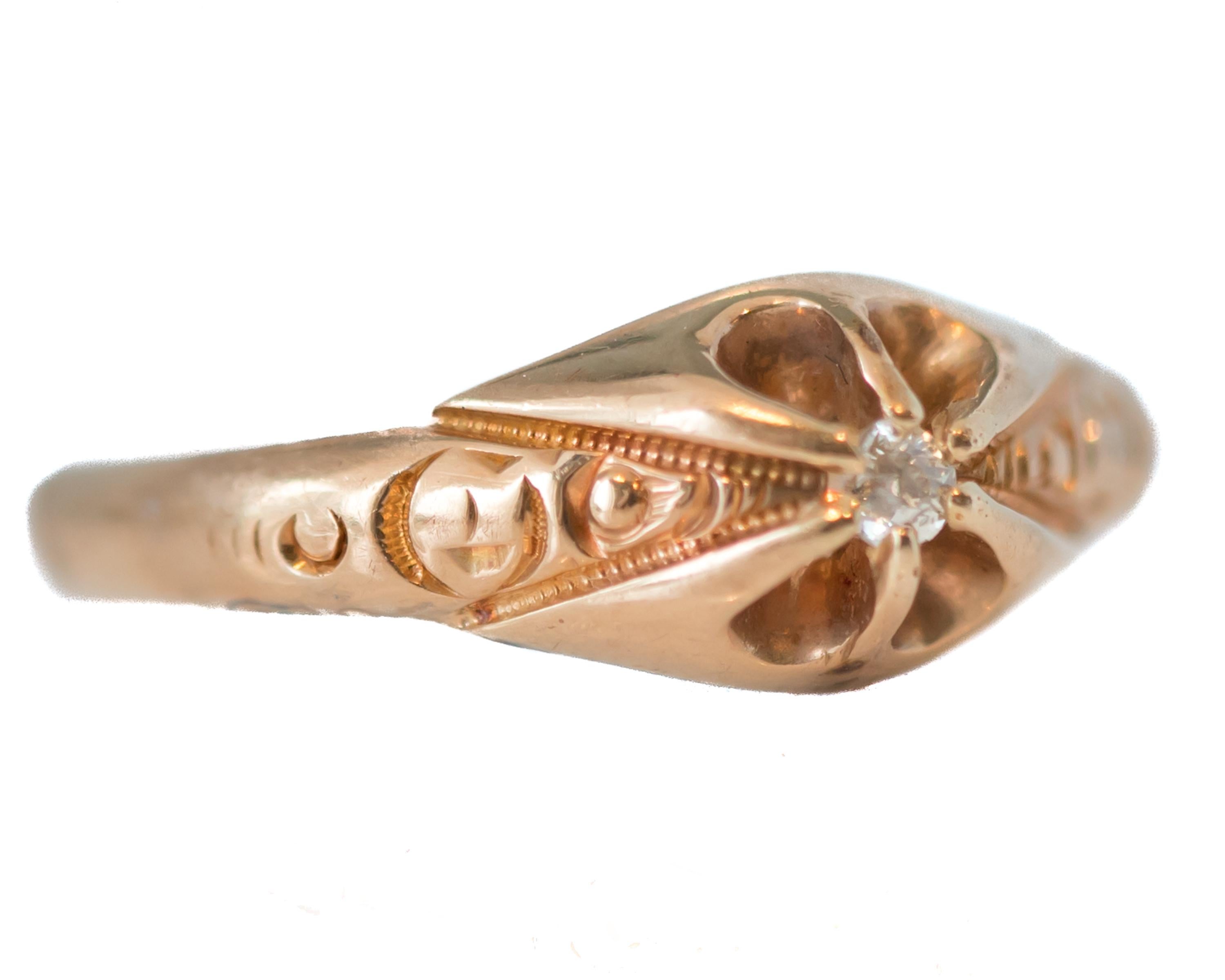 Art Deco Rose Gold Diamond Ring - 14 Karat Rose Gold, Diamond 

Features:
Sweet Star motif
Diamond accent center
14 karat Rose Gold
Cathedral inspired setting
Ring face measures 6.5 millimeters from top to bottom
Finger to top of stone measures 3.5