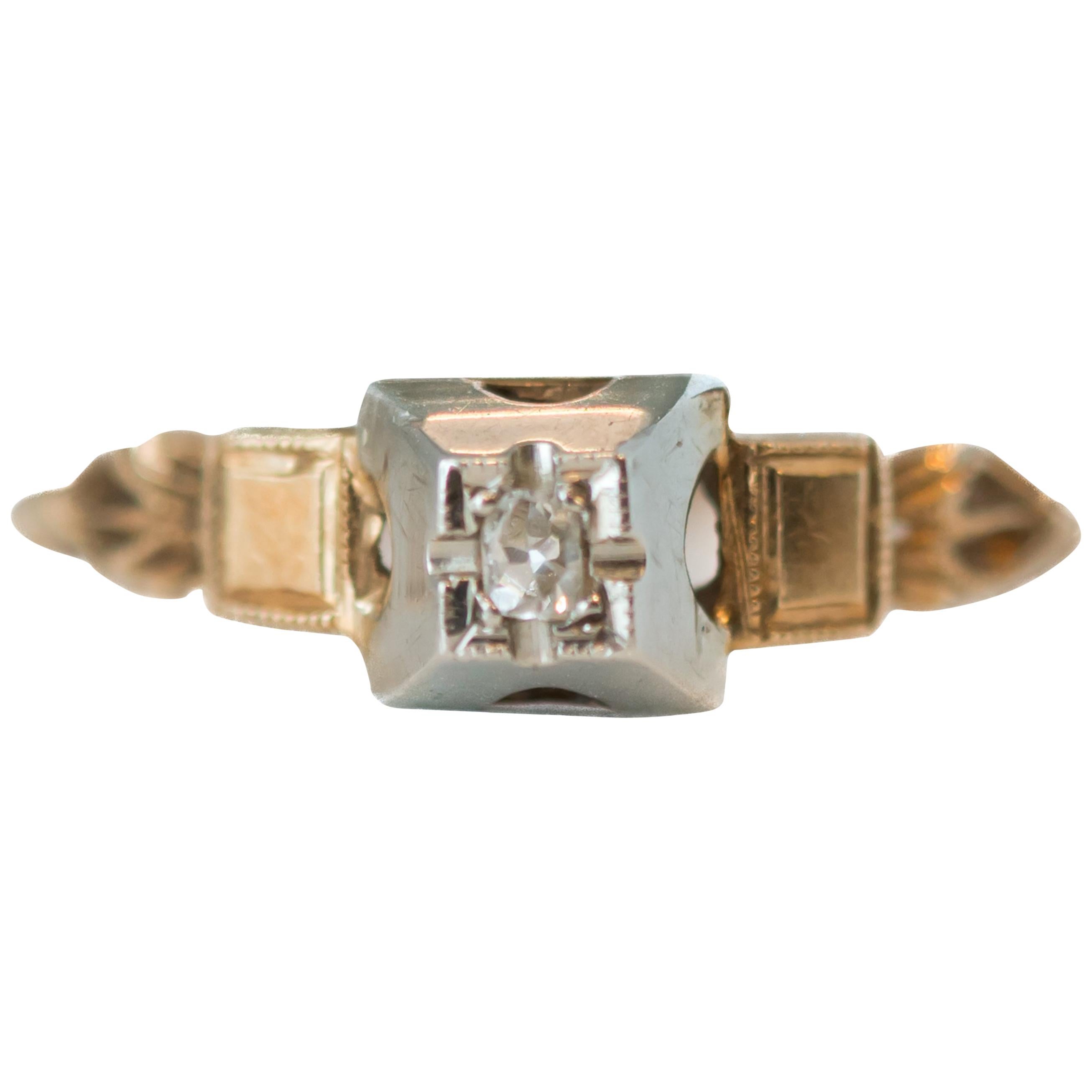 1930s Art Deco Diamond and Gold Two-Tone Promise Ring in 14 Karat Yellow Gold For Sale