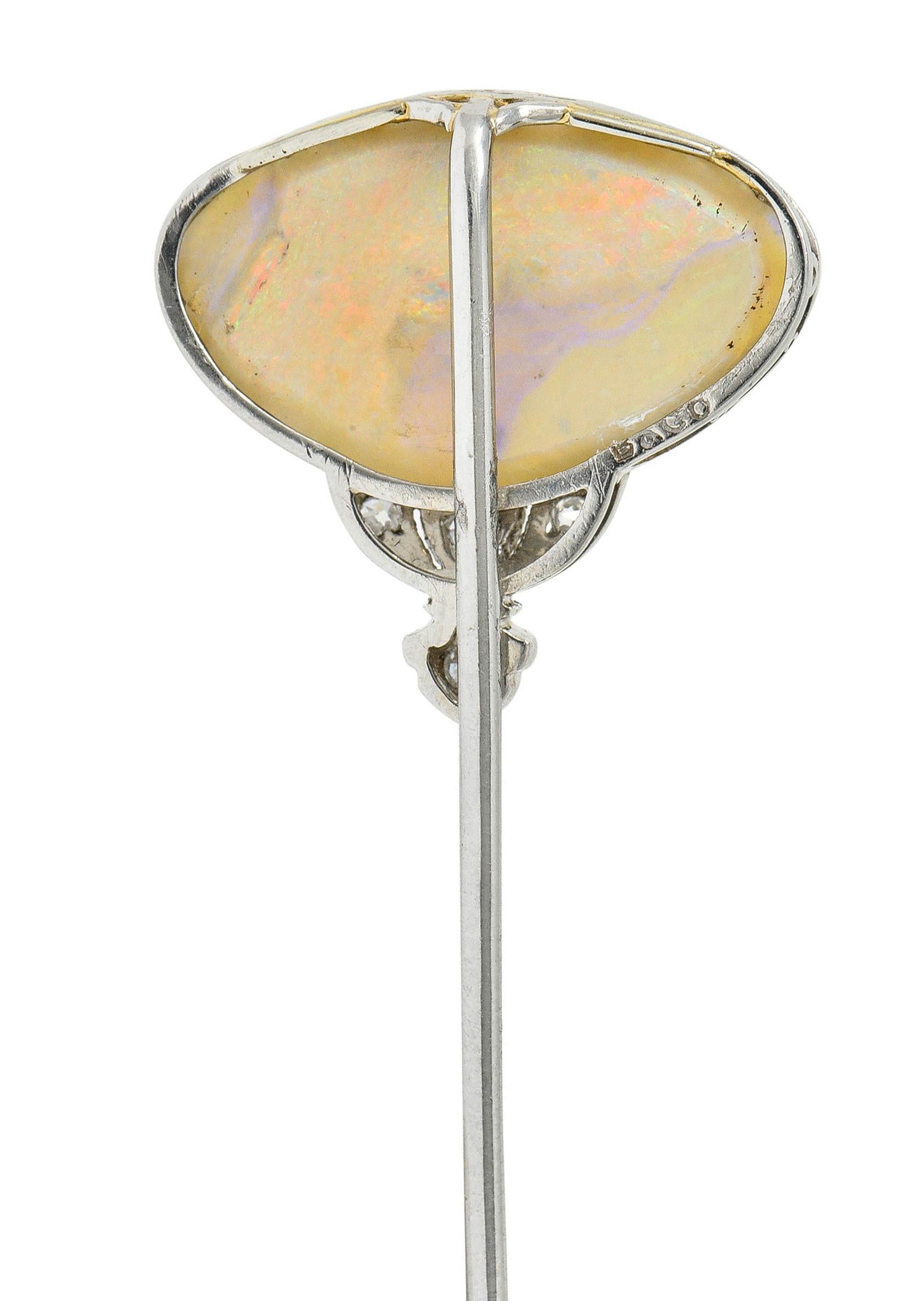 Women's or Men's 1930's Art Deco Diamond Opal Cabochon Platinum Stickpin