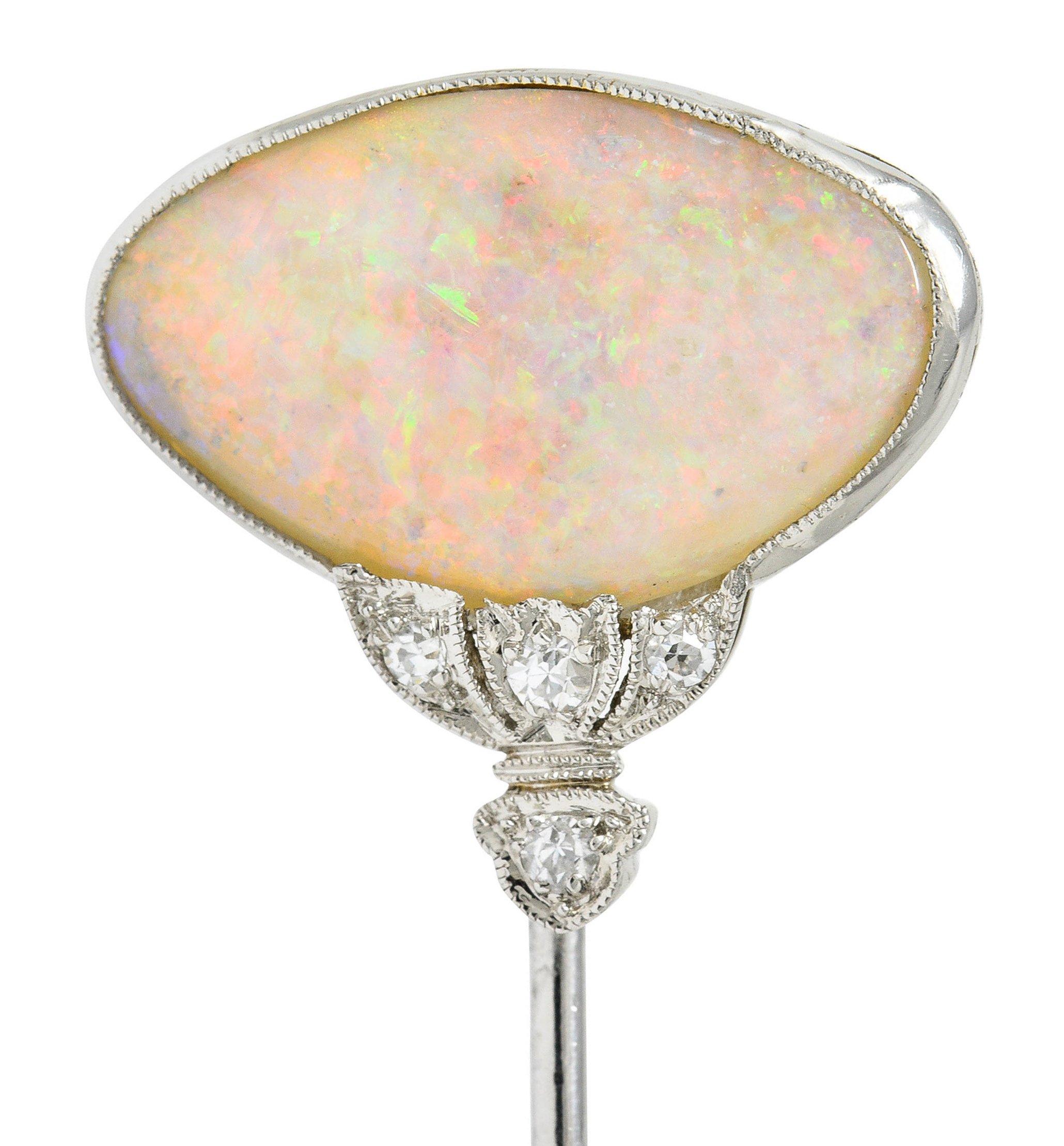 1930's Art Deco Diamond Opal Cabochon Platinum Stickpin 5