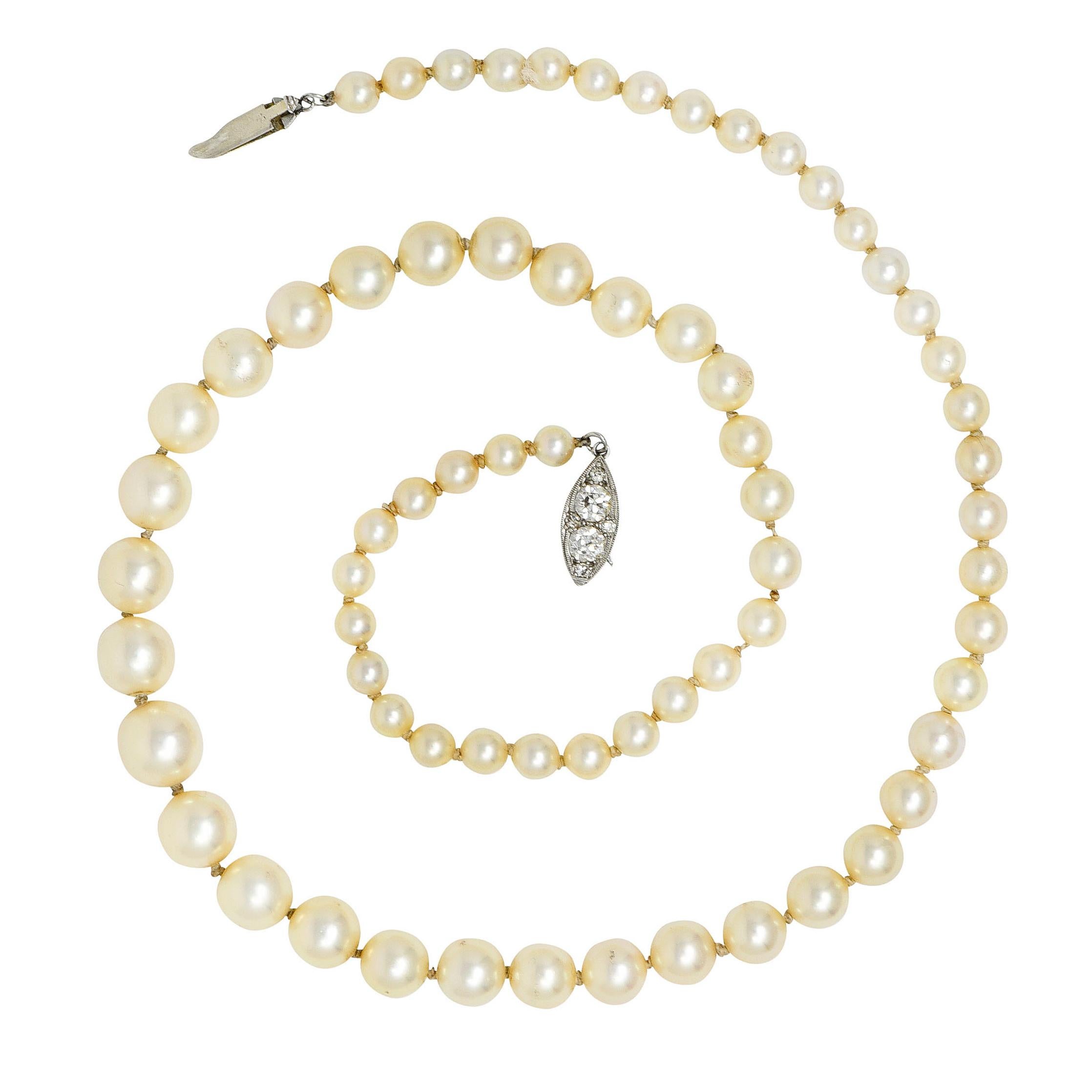 Strand necklace is comprised of hand-knotted pearls - very well matched

Graduating in size from 4.0 mm to 8.3 mm - very well matched

Cream in color with some rosè overtones and overall very good to excellent luster

Completed by a navette shaped