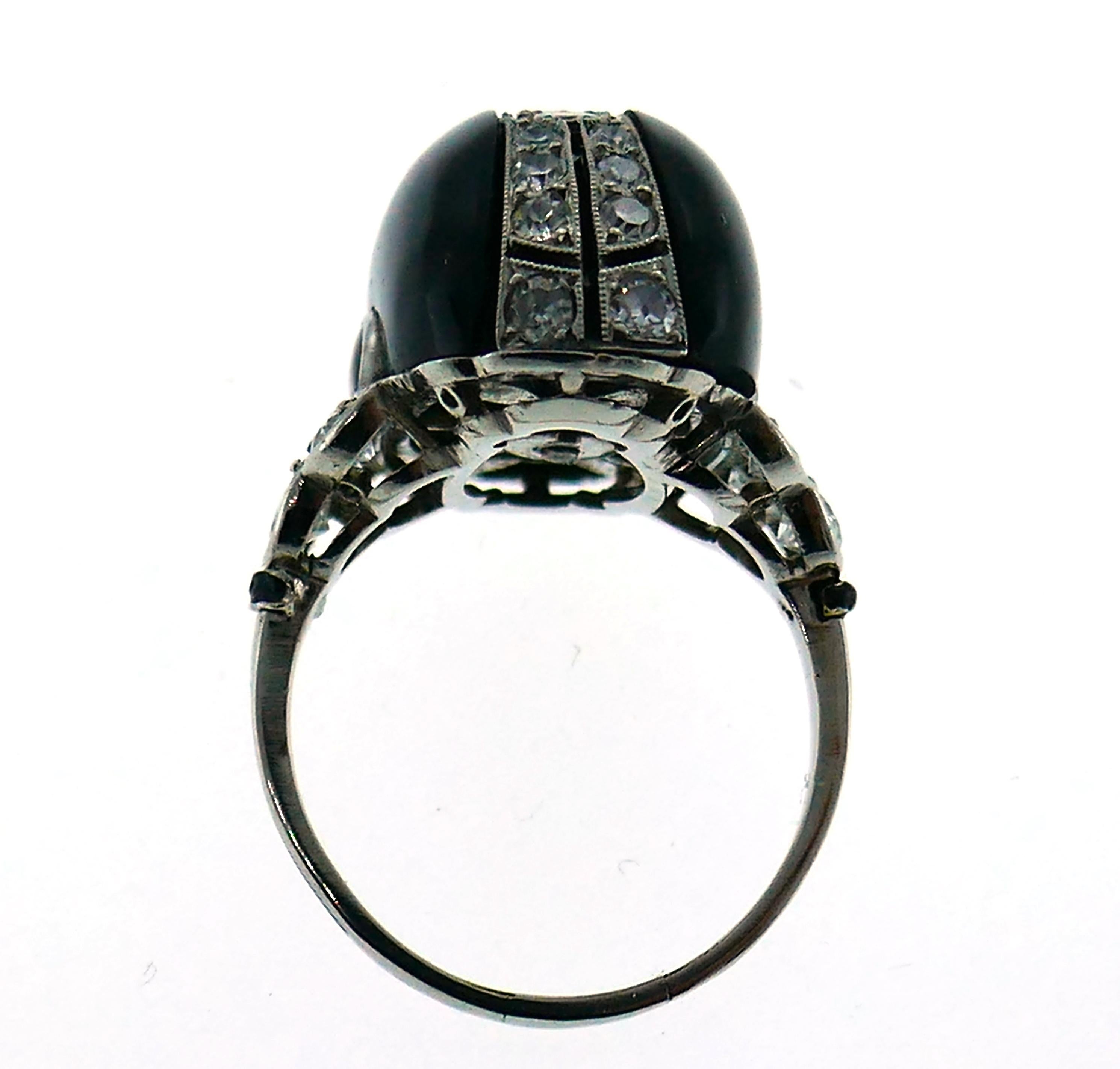 Women's Art Deco Diamond Platinum Black Onyx French Ring