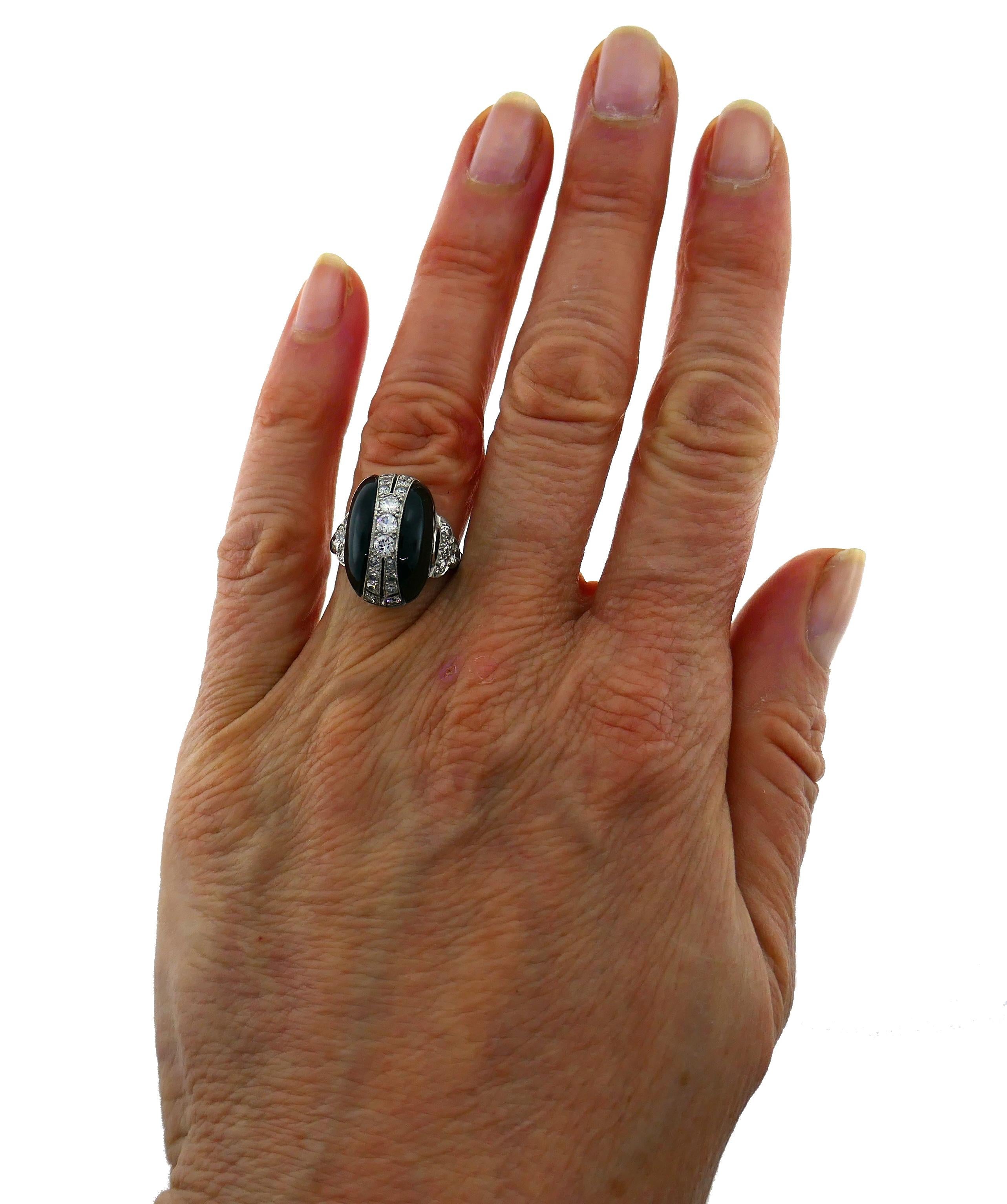 Art Deco Diamond Platinum Black Onyx French Ring 2