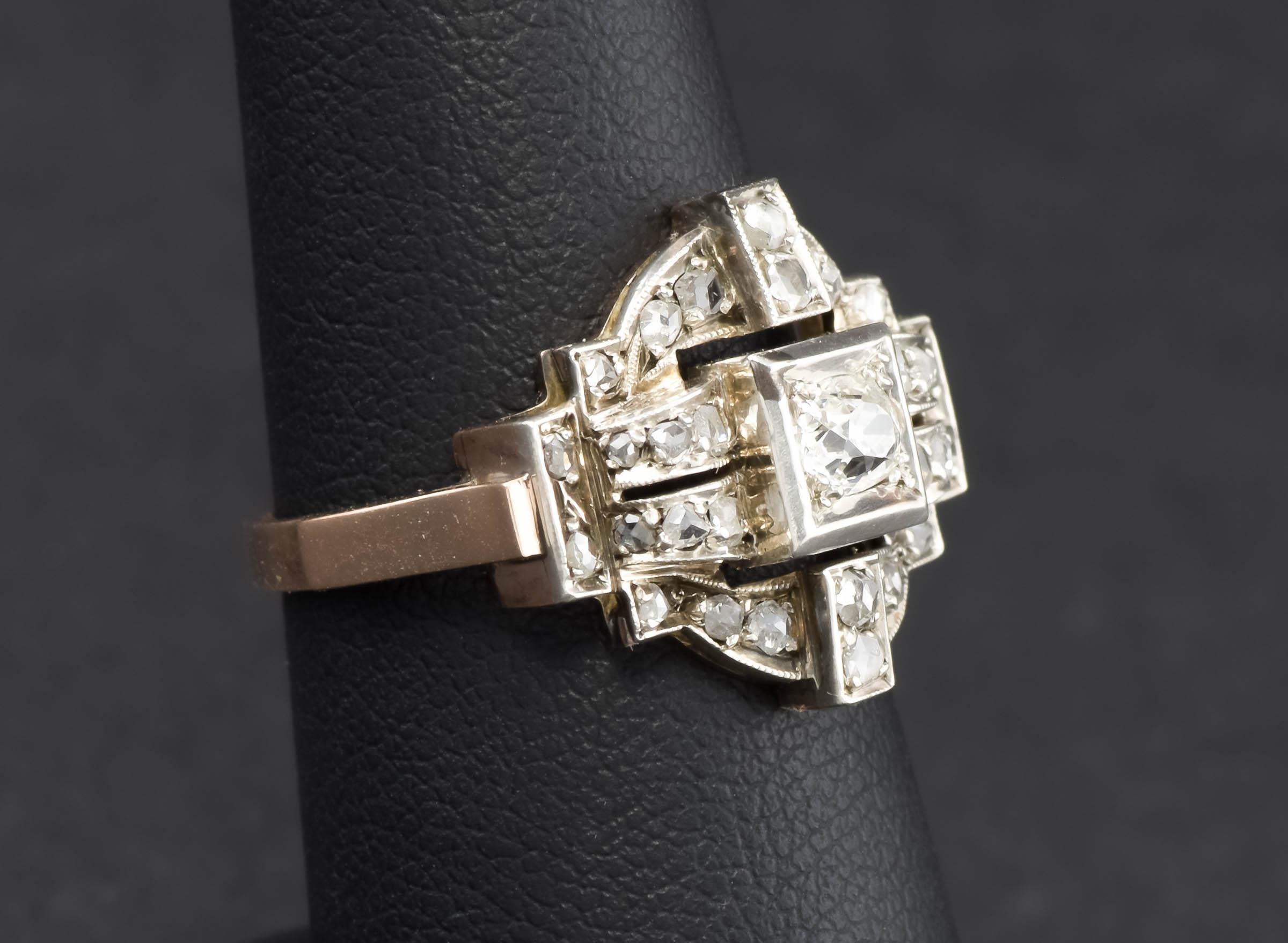 1930er Art Deco Diamantring - Diamanten im Minen- und Rosenschliff (Art déco)