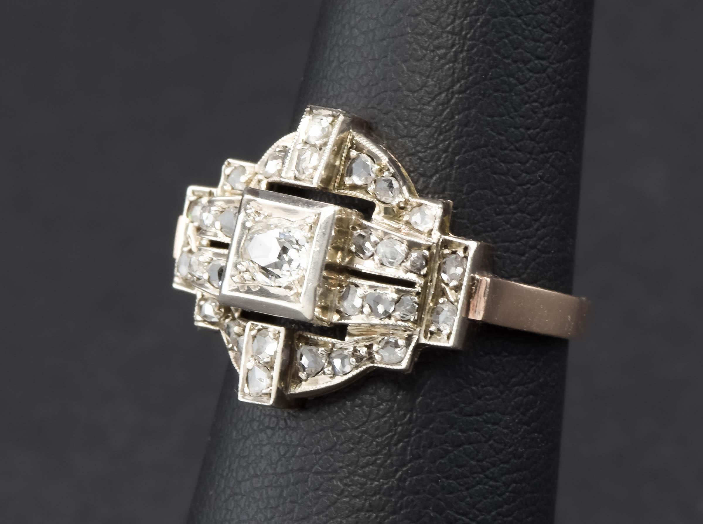 1930er Art Deco Diamantring - Diamanten im Minen- und Rosenschliff im Zustand „Gut“ in Danvers, MA
