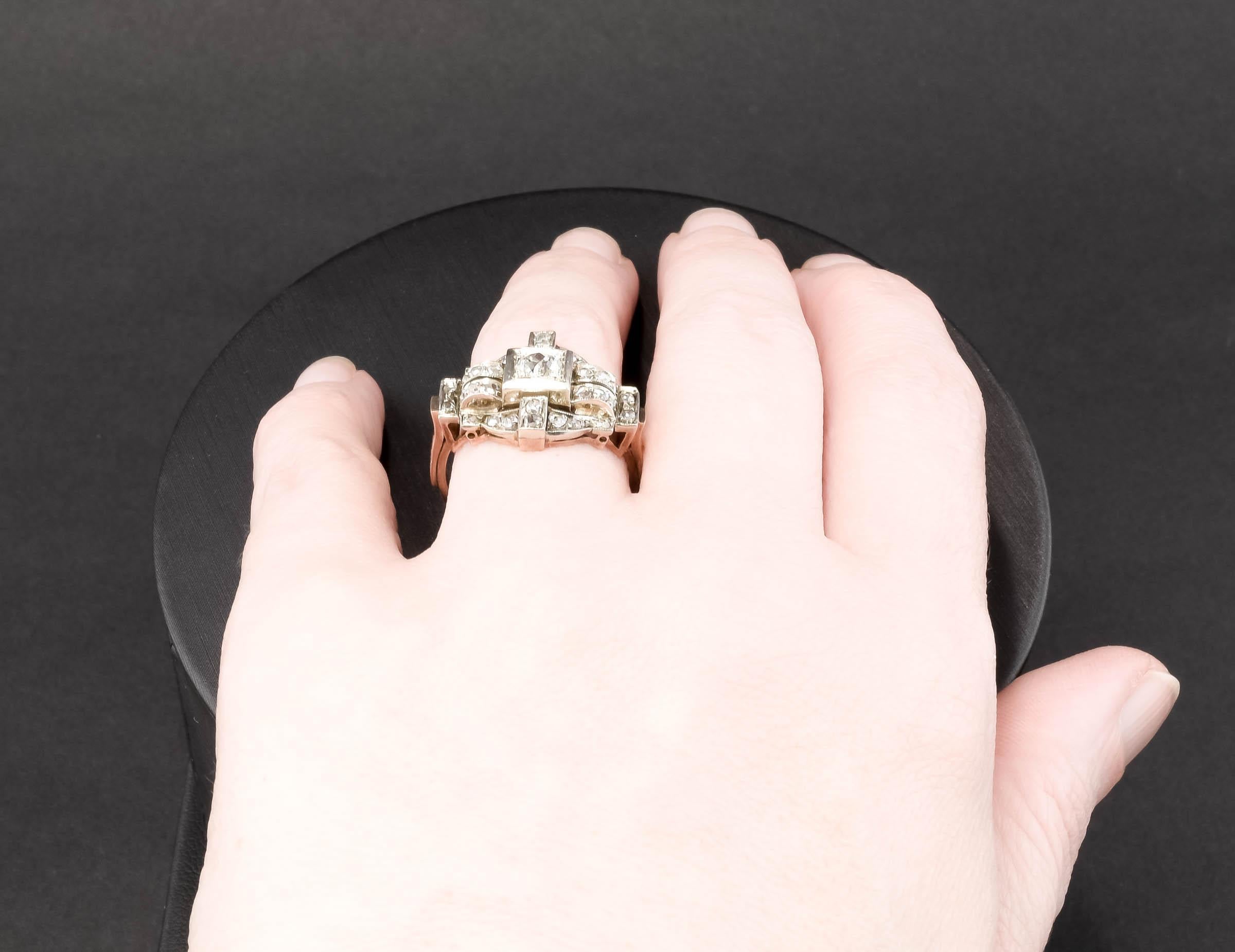 1930er Art Deco Diamantring - Diamanten im Minen- und Rosenschliff 1