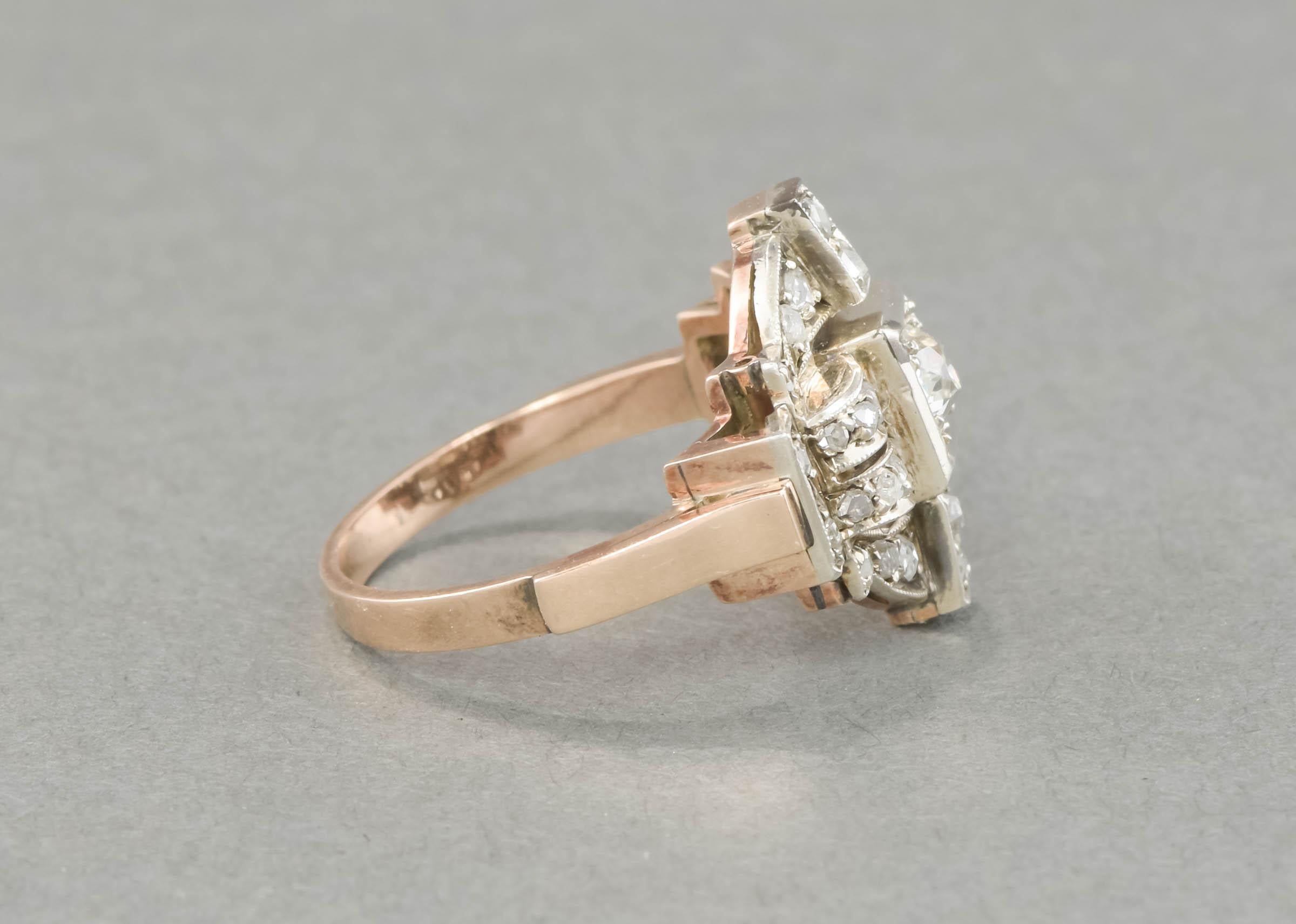 1930er Art Deco Diamantring - Diamanten im Minen- und Rosenschliff 4