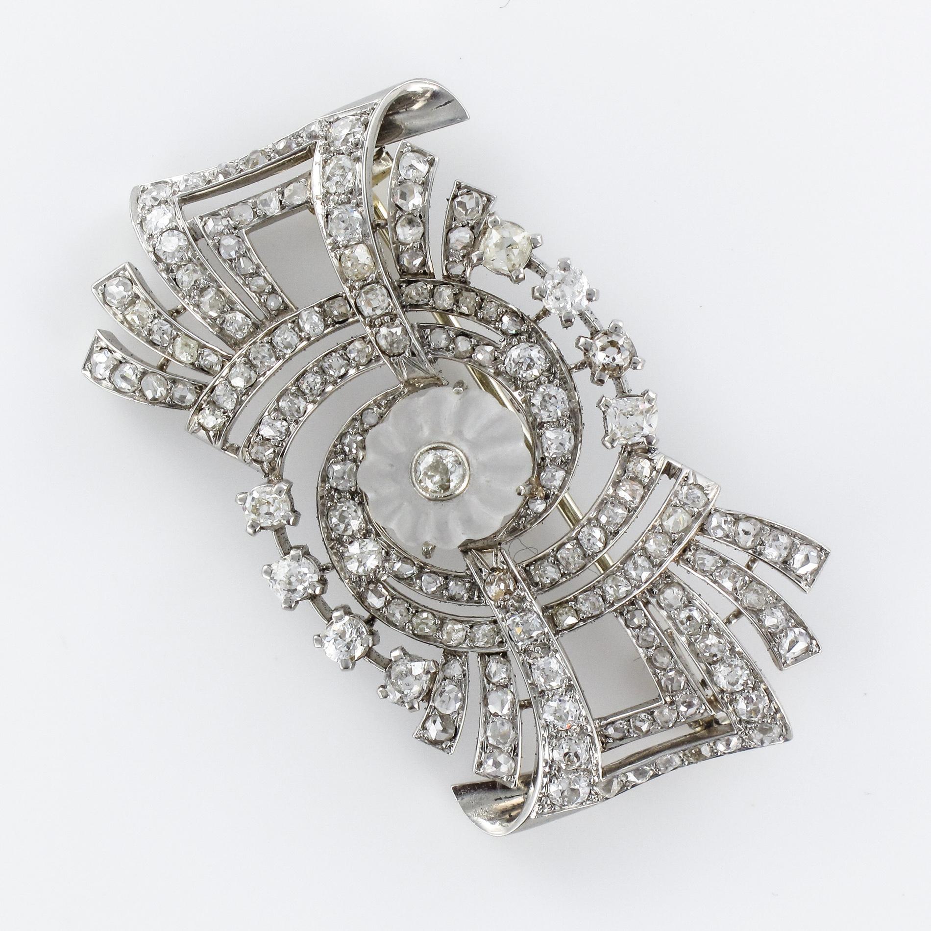 1930s Art Deco Diamond Rock Crystal Platinum 18 Karat White Gold Brooch For Sale 7