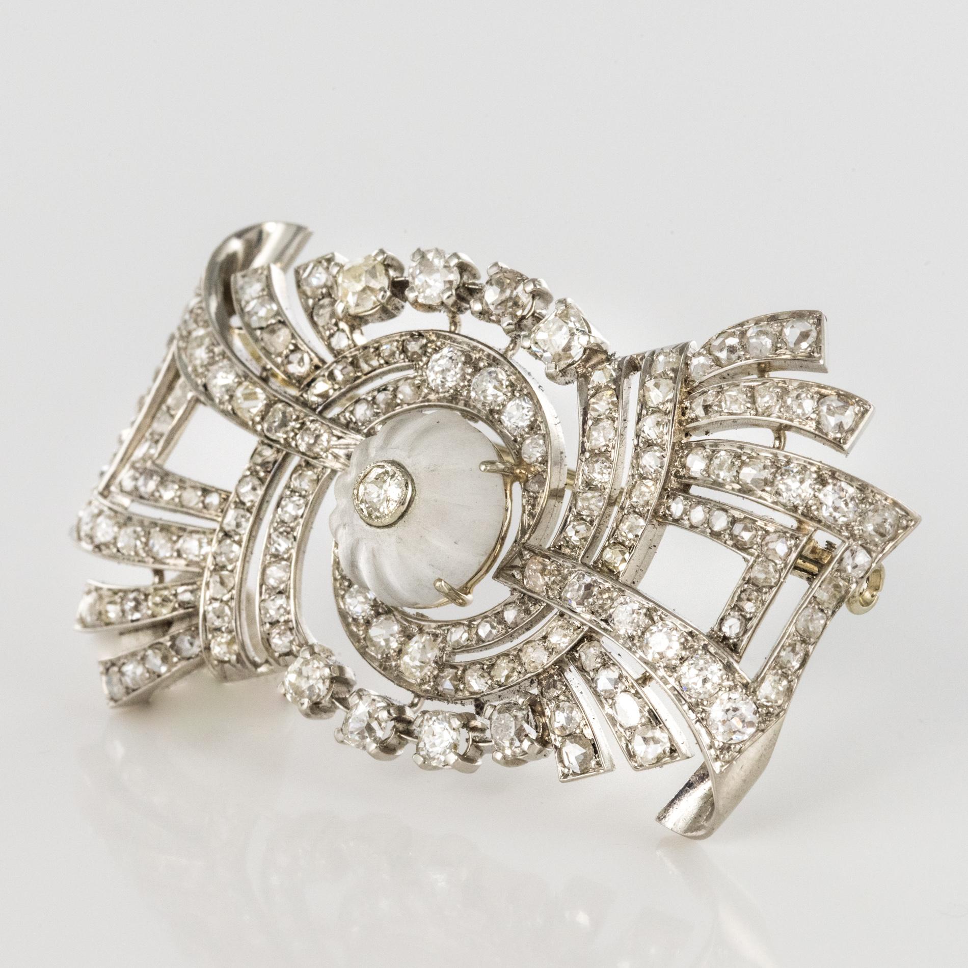 Women's 1930s Art Deco Diamond Rock Crystal Platinum 18 Karat White Gold Brooch For Sale