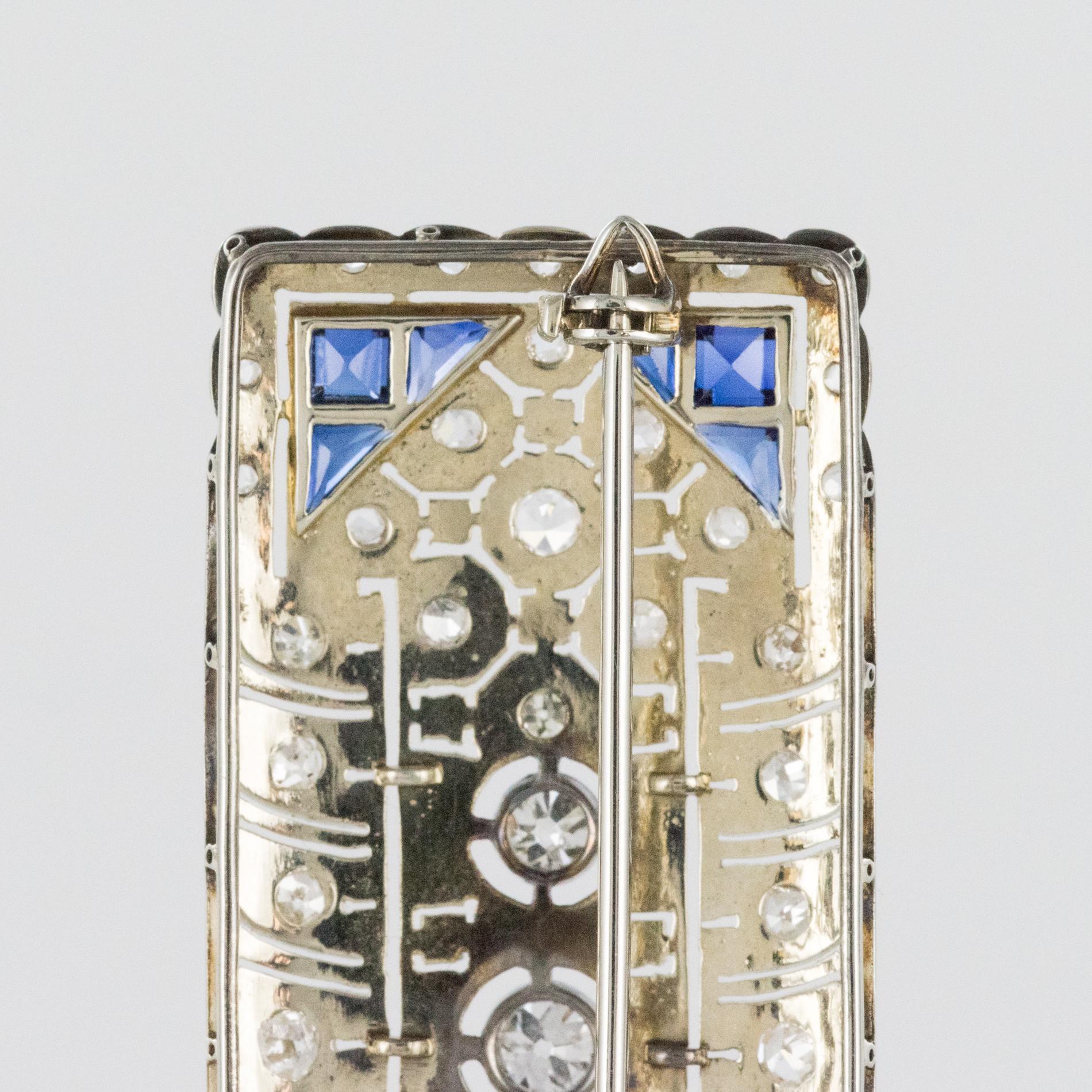 1930s Art Deco Diamond Sapphire White Gold-Plate Brooch 6