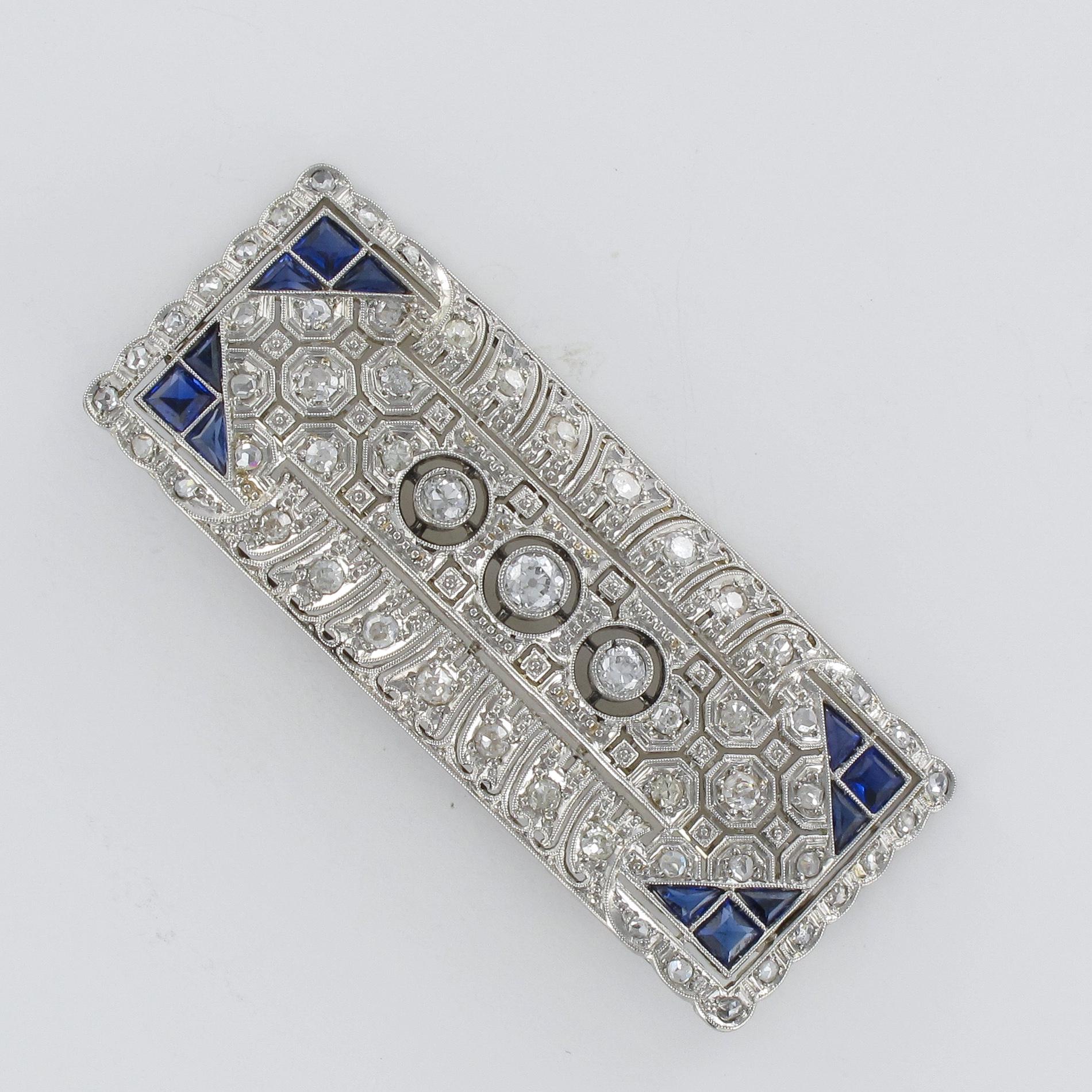 1930s Art Deco Diamond Sapphire White Gold-Plate Brooch 8