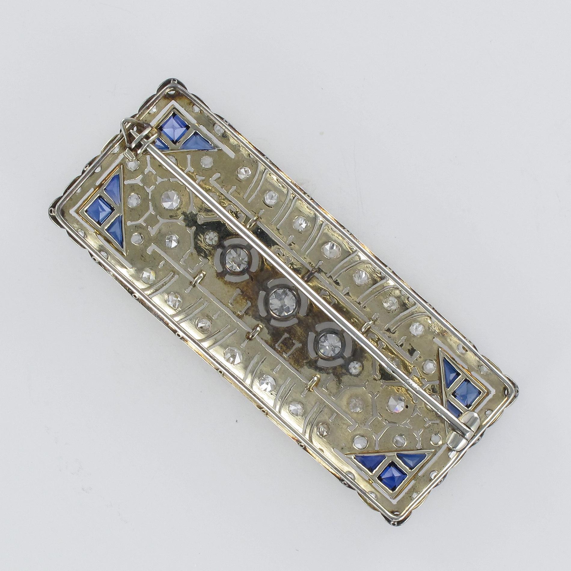 1930s Art Deco Diamond Sapphire White Gold-Plate Brooch 9