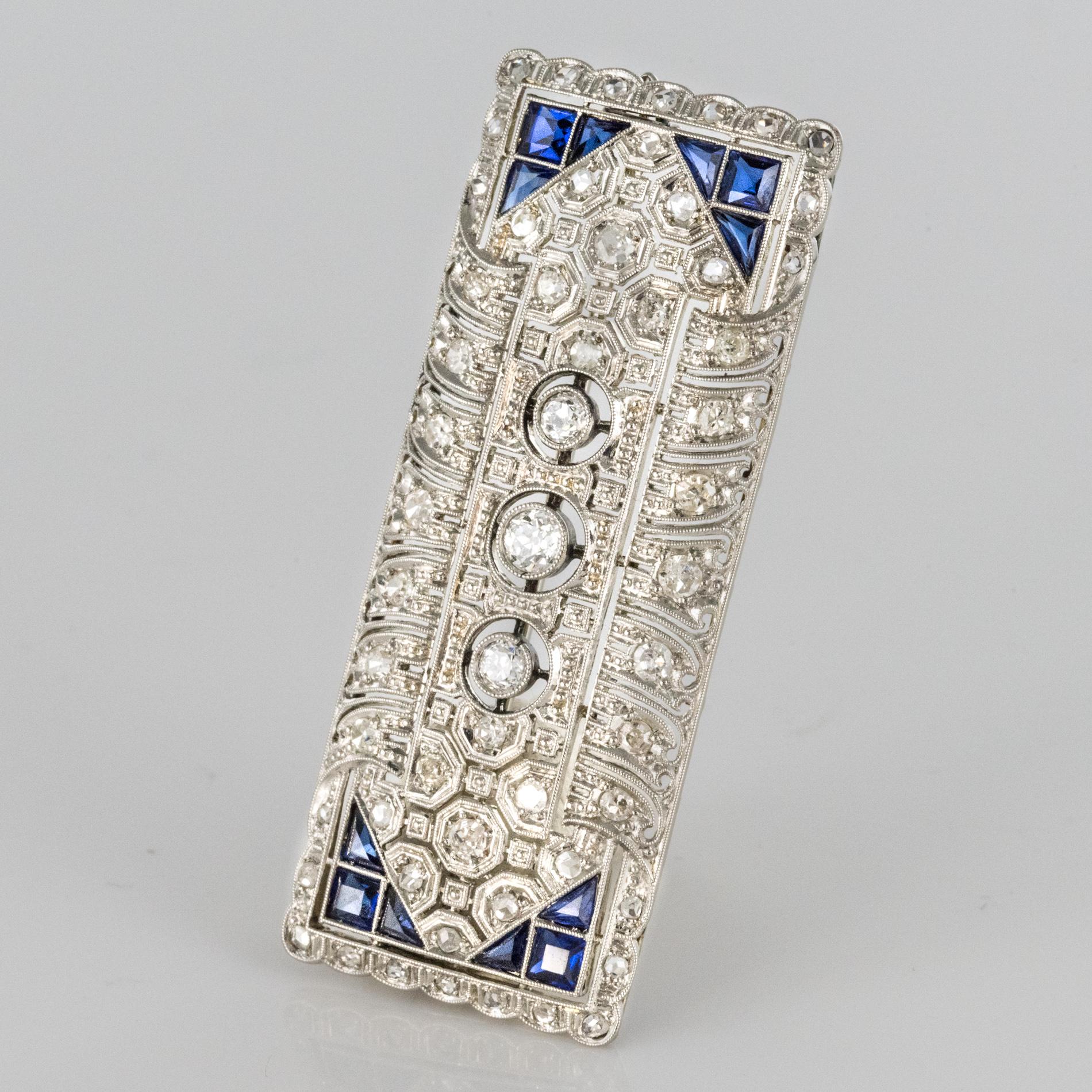 1930s Art Deco Diamond Sapphire White Gold-Plate Brooch (Art déco)