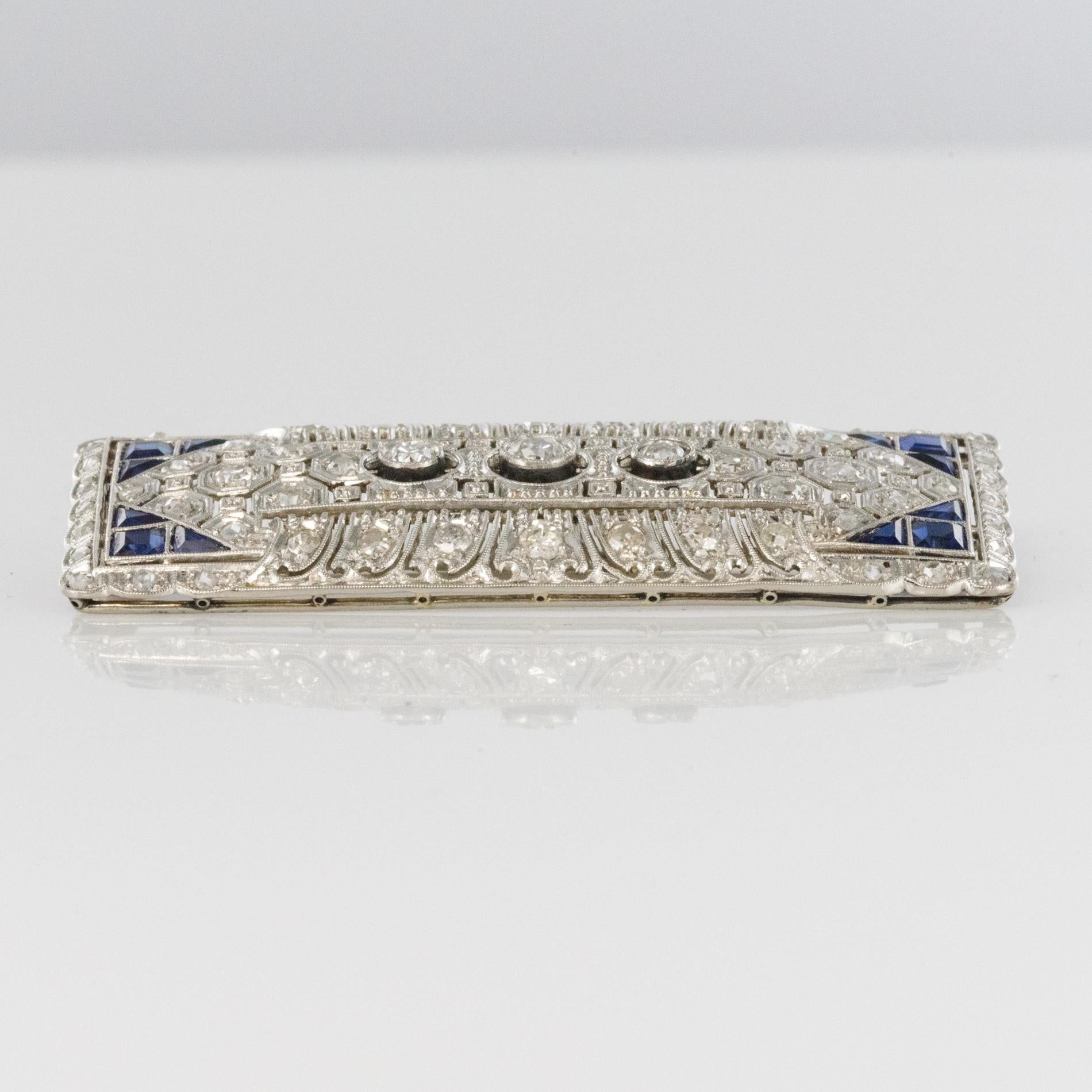 1930s Art Deco Diamond Sapphire White Gold-Plate Brooch 2