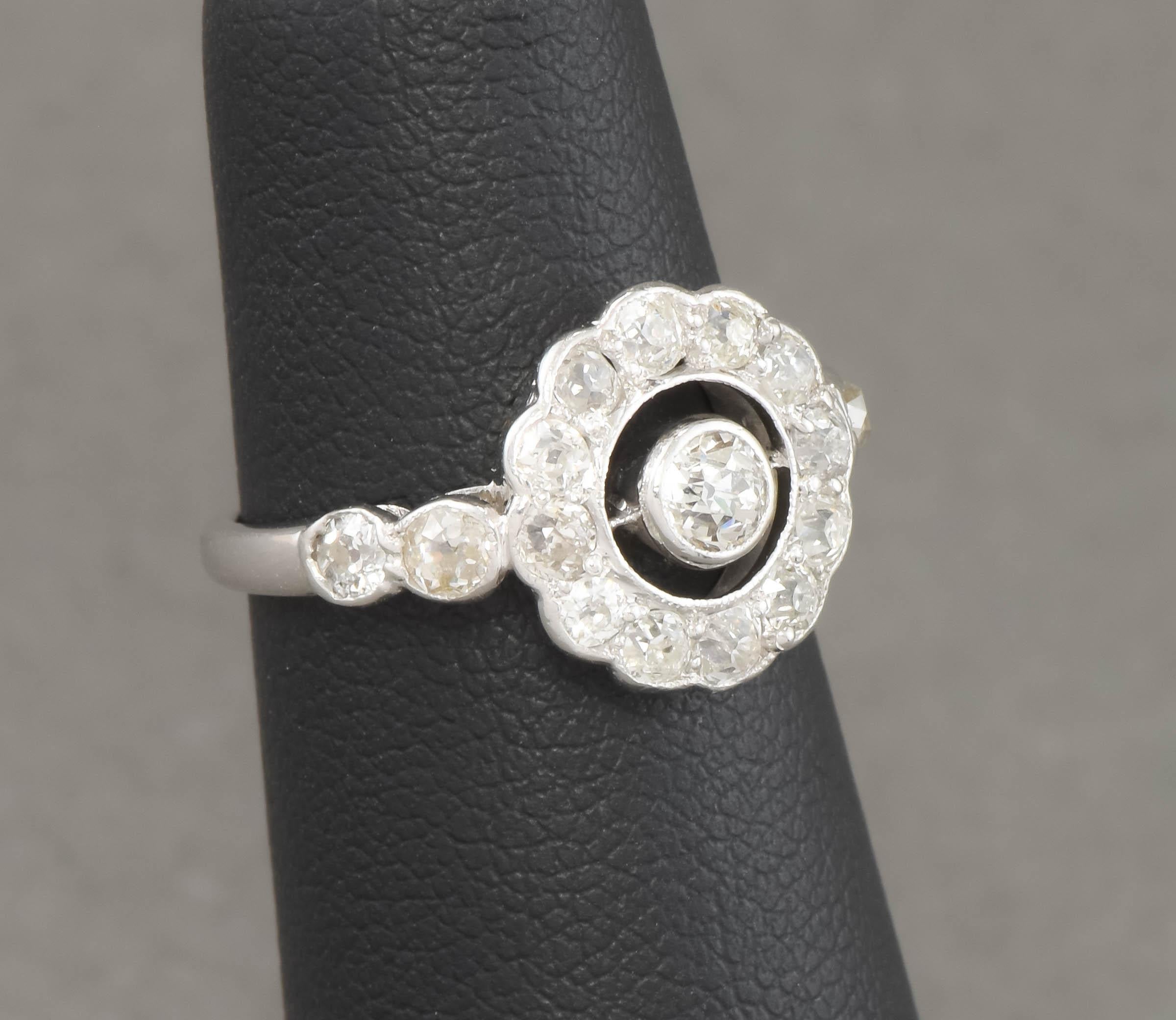 Old European Cut 1930's Art Deco Diamond Target Halo Engagement Ring with Appraisals For Sale