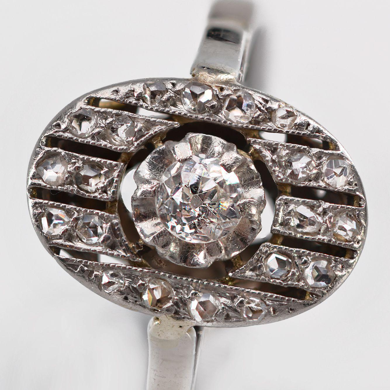 Rose Cut 1930s Art Deco Diamonds 18 Karat White Gold Oval Ring For Sale
