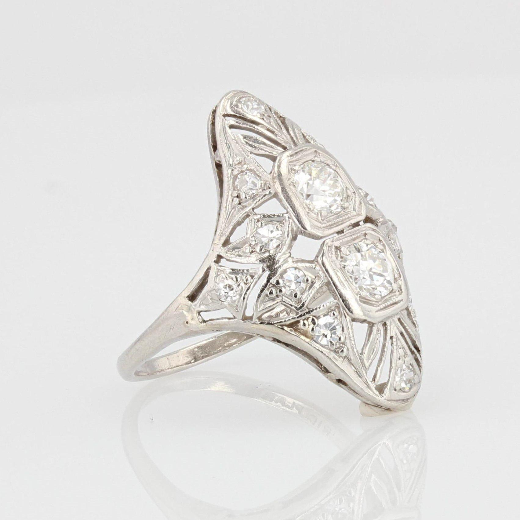 1930s Art Deco Diamonds Openwork Platinum Ring For Sale 3