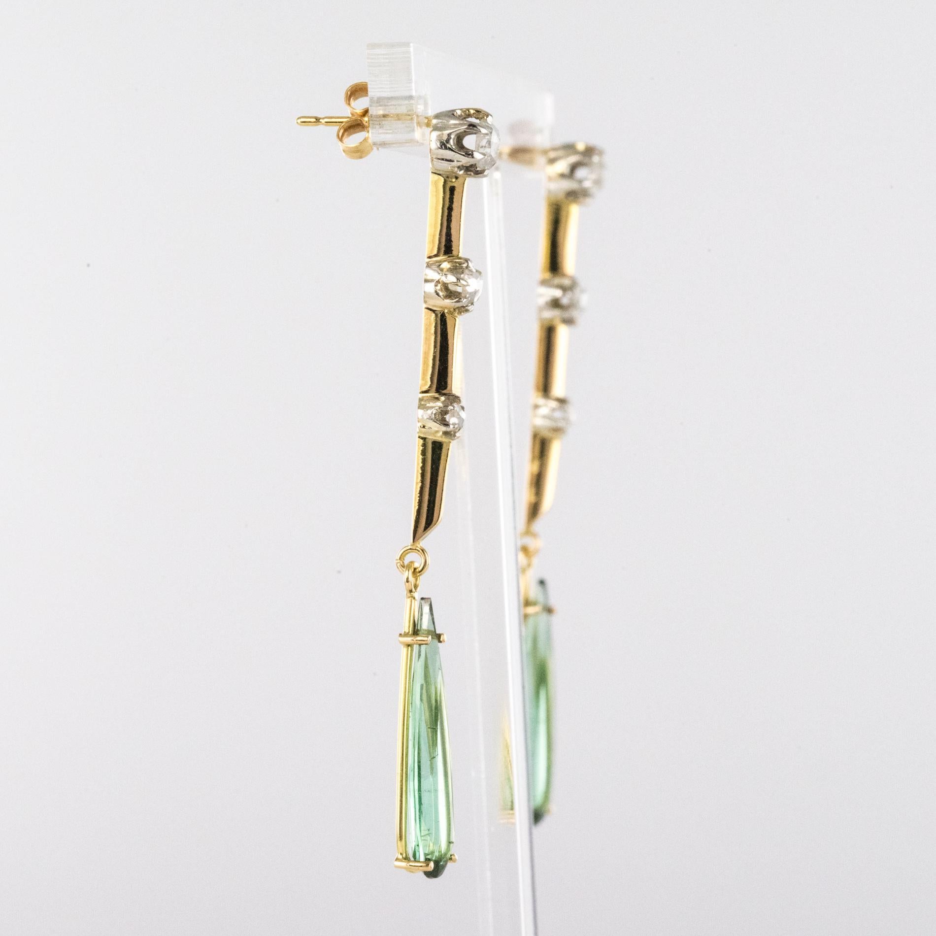 1930s Art Deco Diamonds Tourmaline 18 Karat Yellow Gold Dangle Earrings 2