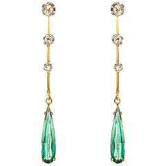 1930s Art Deco Diamonds Tourmaline 18 Karat Yellow Gold Dangle Earrings