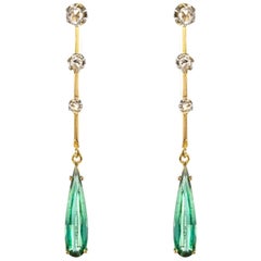 1930s Art Deco Diamonds Tourmaline 18 Karat Yellow Gold Dangle Earrings