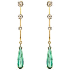 Vintage 1930s Art Deco Diamonds Tourmaline 18 Karat Yellow Gold Dangle Earrings